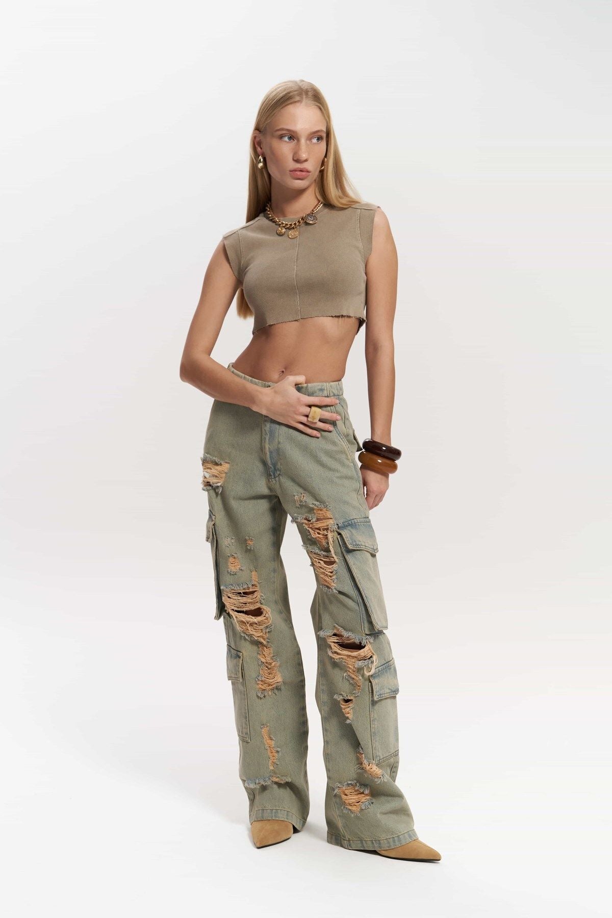 Dries Dirty Gray Torn Detail Cargo Jean Pants