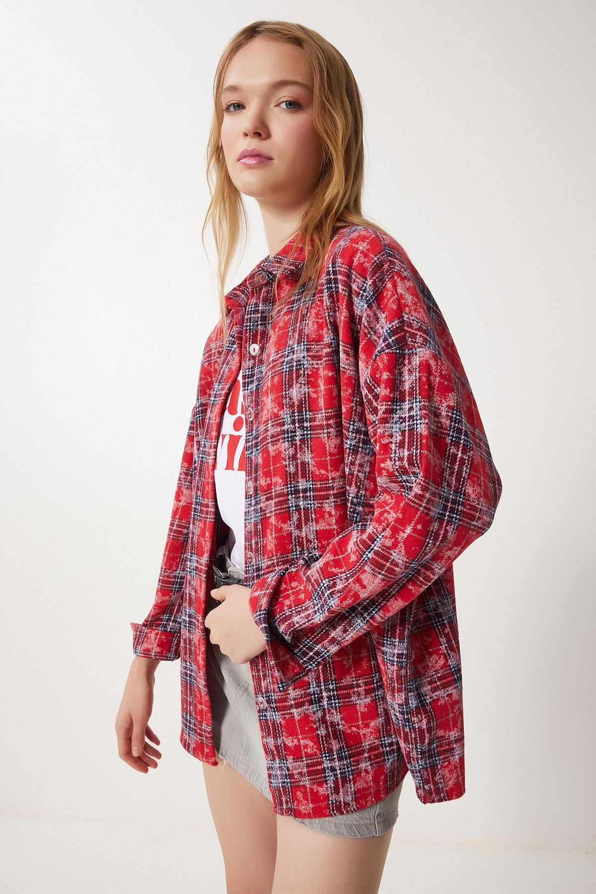 Woman Red Checkered Jacquard Woven Woven Shirt to00155