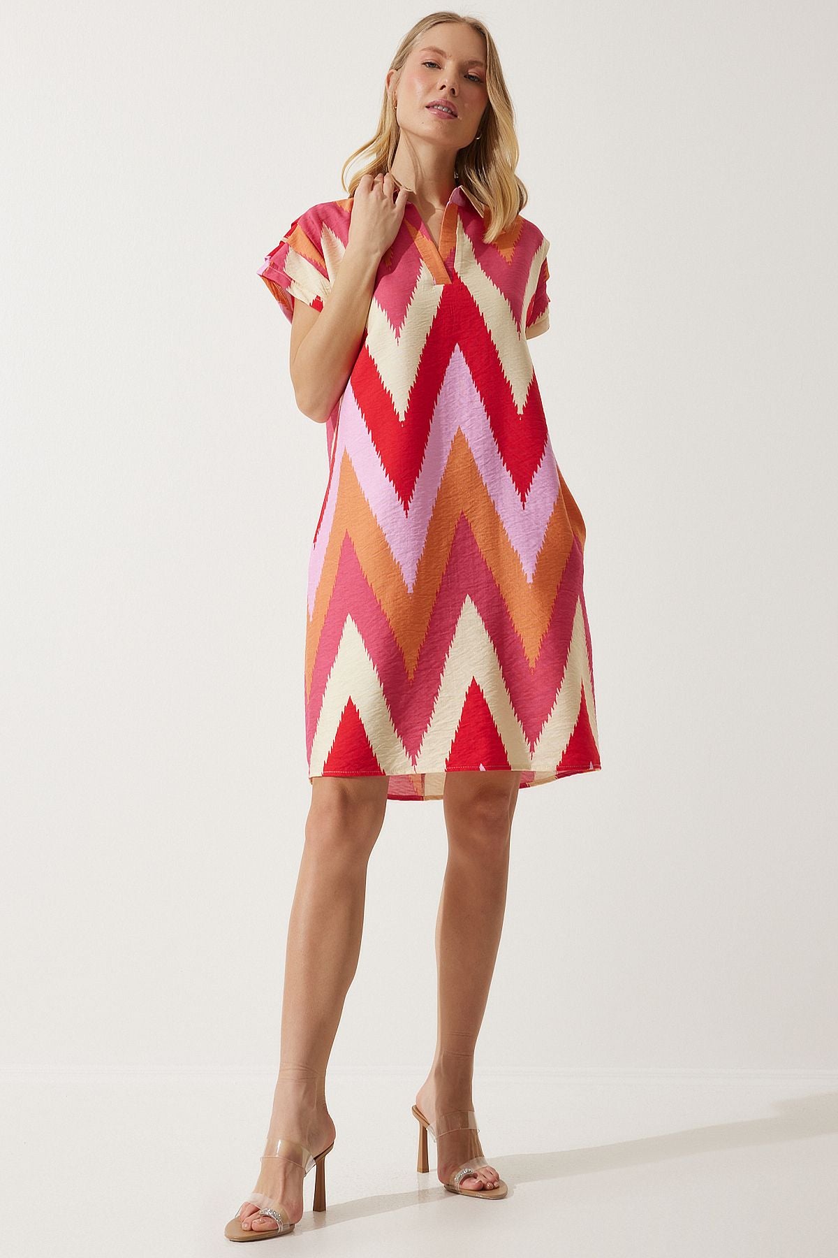 Woman Red Cream Polo Yaka Patterned Summer Dress of00001