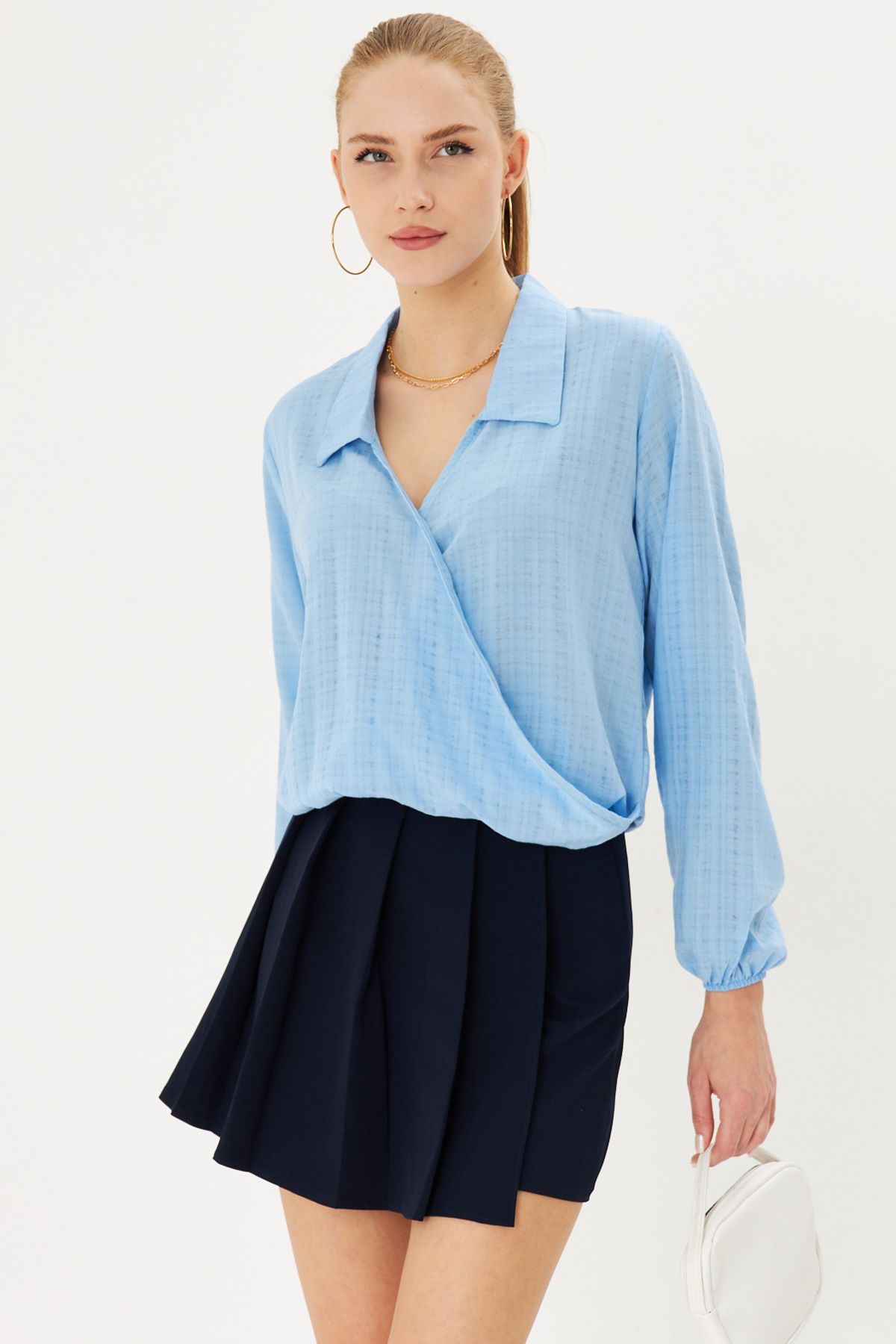 Female Baby Blue Band and Waist Rubble Cruve Blouse ARM-25K001041
