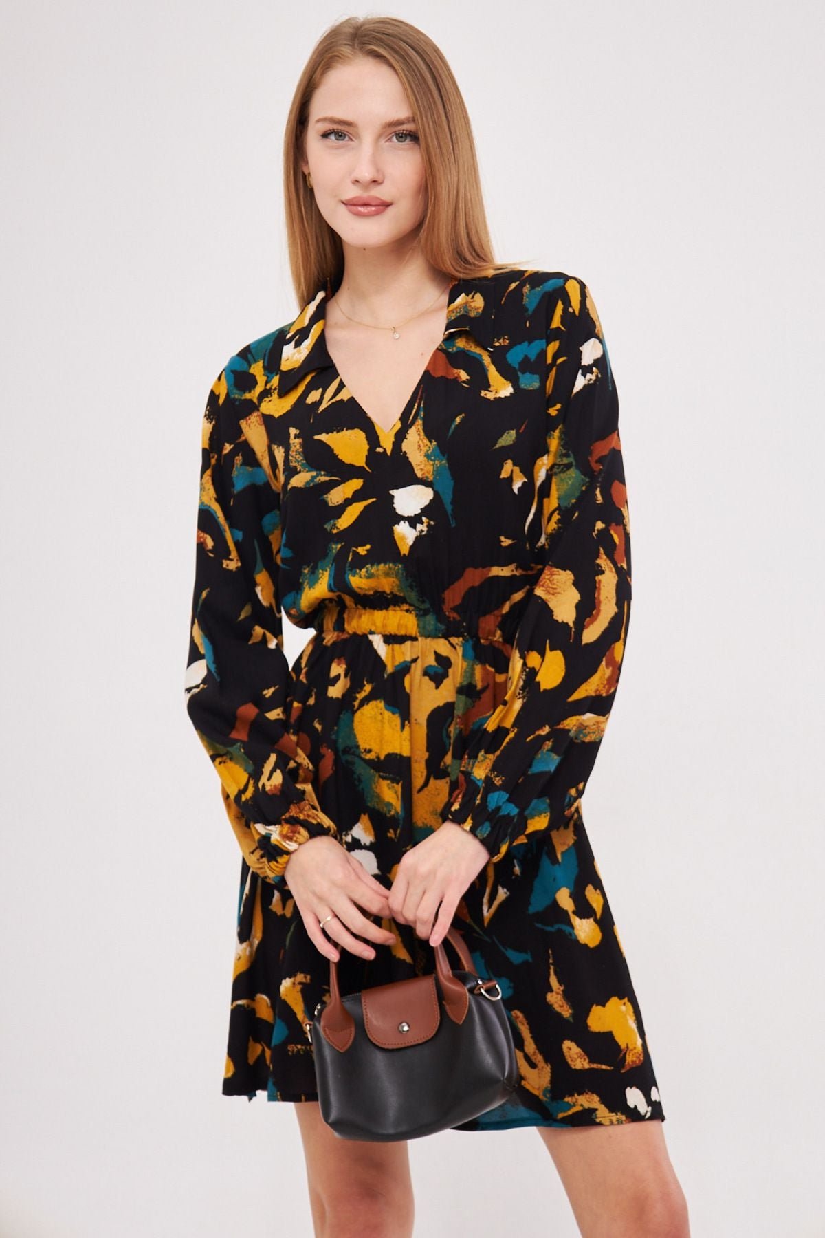 Female mustard shirt collar detailed waist arm tire closes dress ARM-25K001043