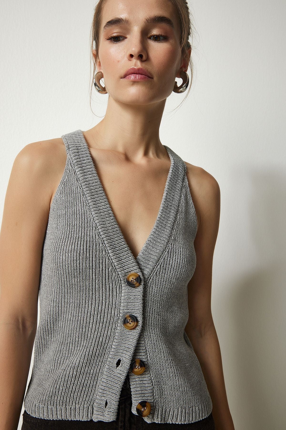 Women's Gray Weightshow Button Triko Vest FN03118