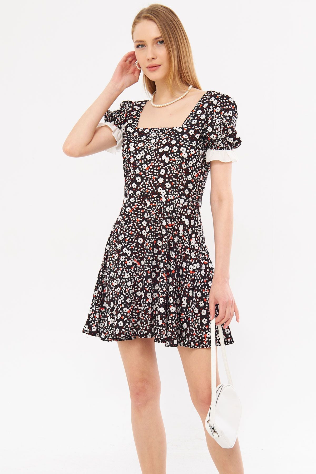 Female black front rear backflower strap detailed dot watermelon sleeve kloş mini dress ARM-24Y001051