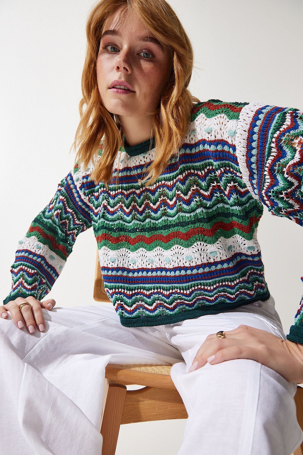 Women's Cream Green Patterned seasonal knitwear sweater MC00253