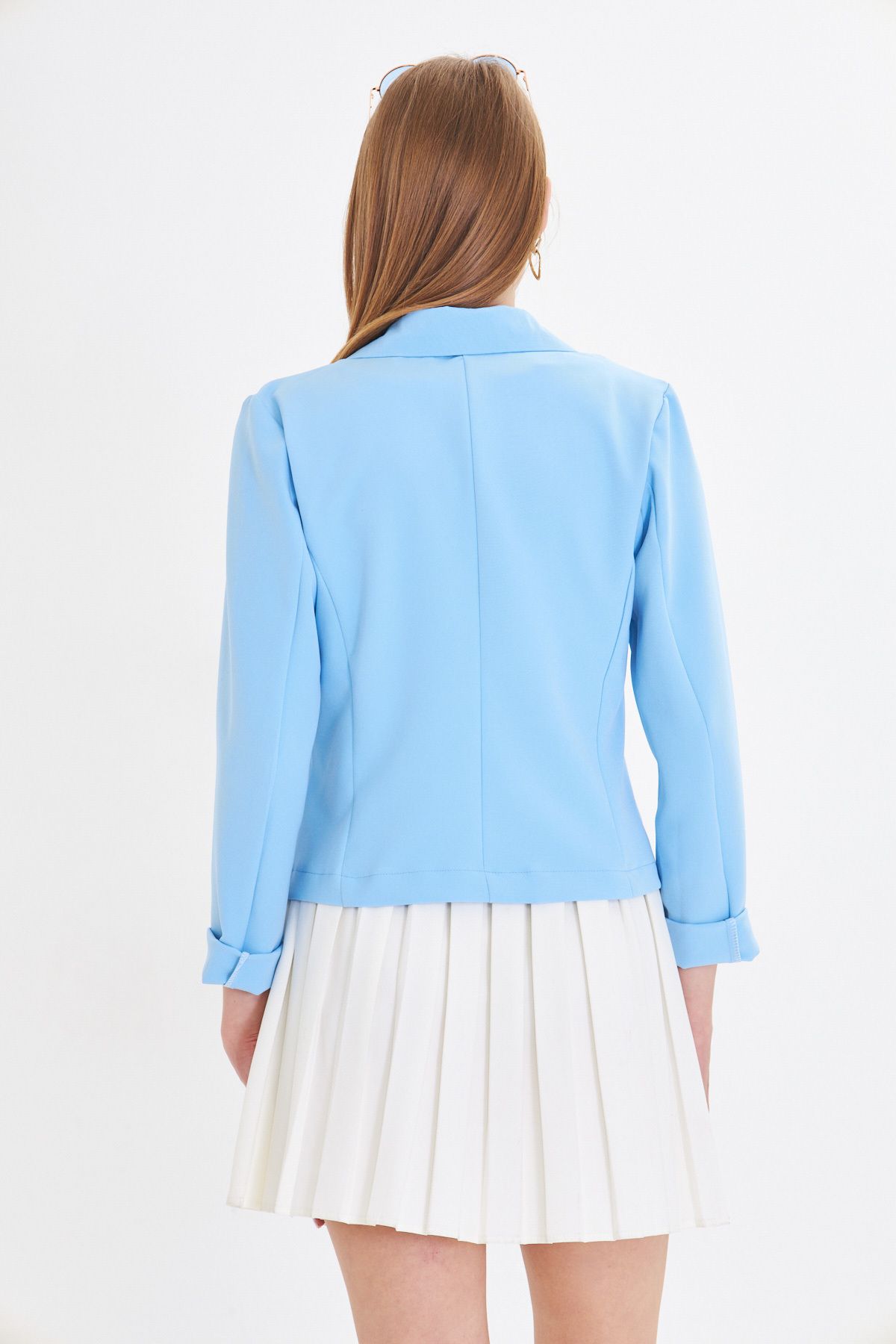 Woman Baby Blue Single Button Crop Jacket ARM-22Y001237