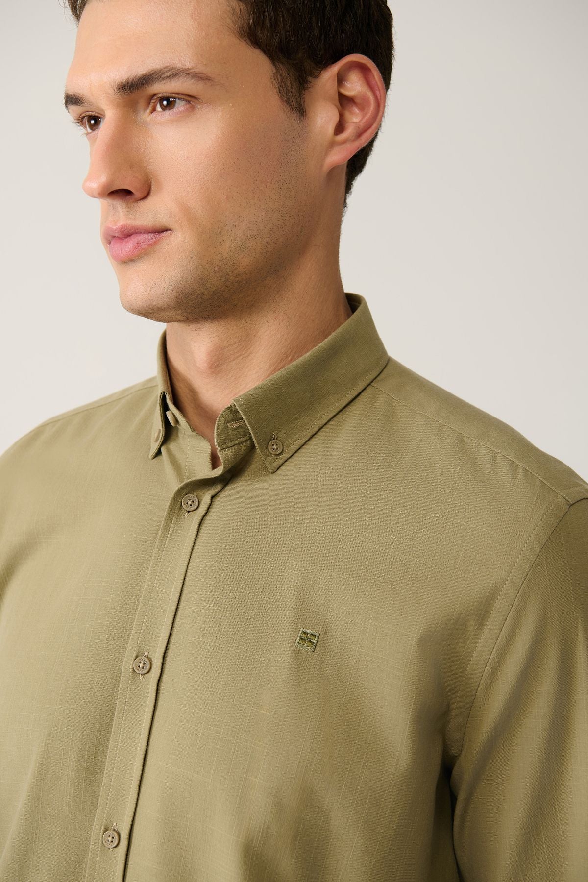Male Khaki Buttoned Neck 100 %Cotton Linen textured shirt E002141