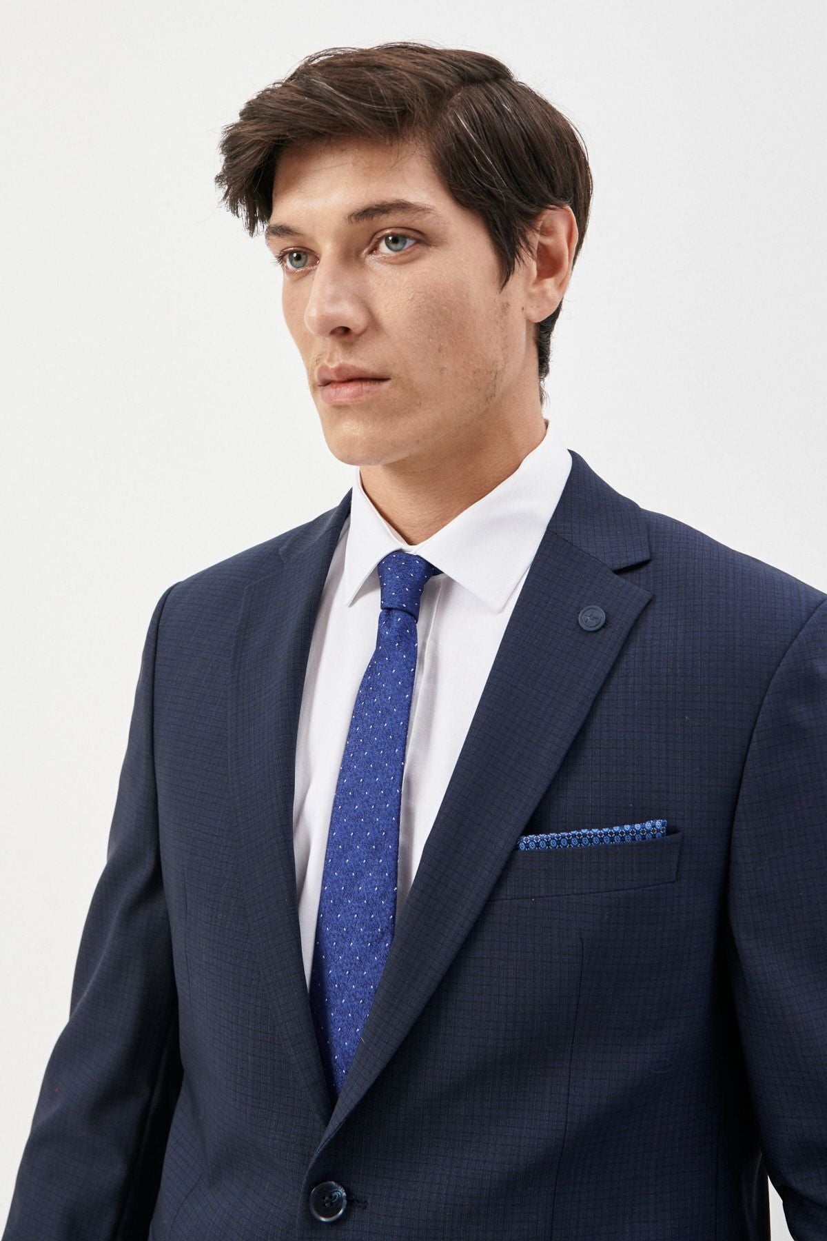 Men's dark navy blue slim fit narrow cut mono collar cheekly woolen suit suits