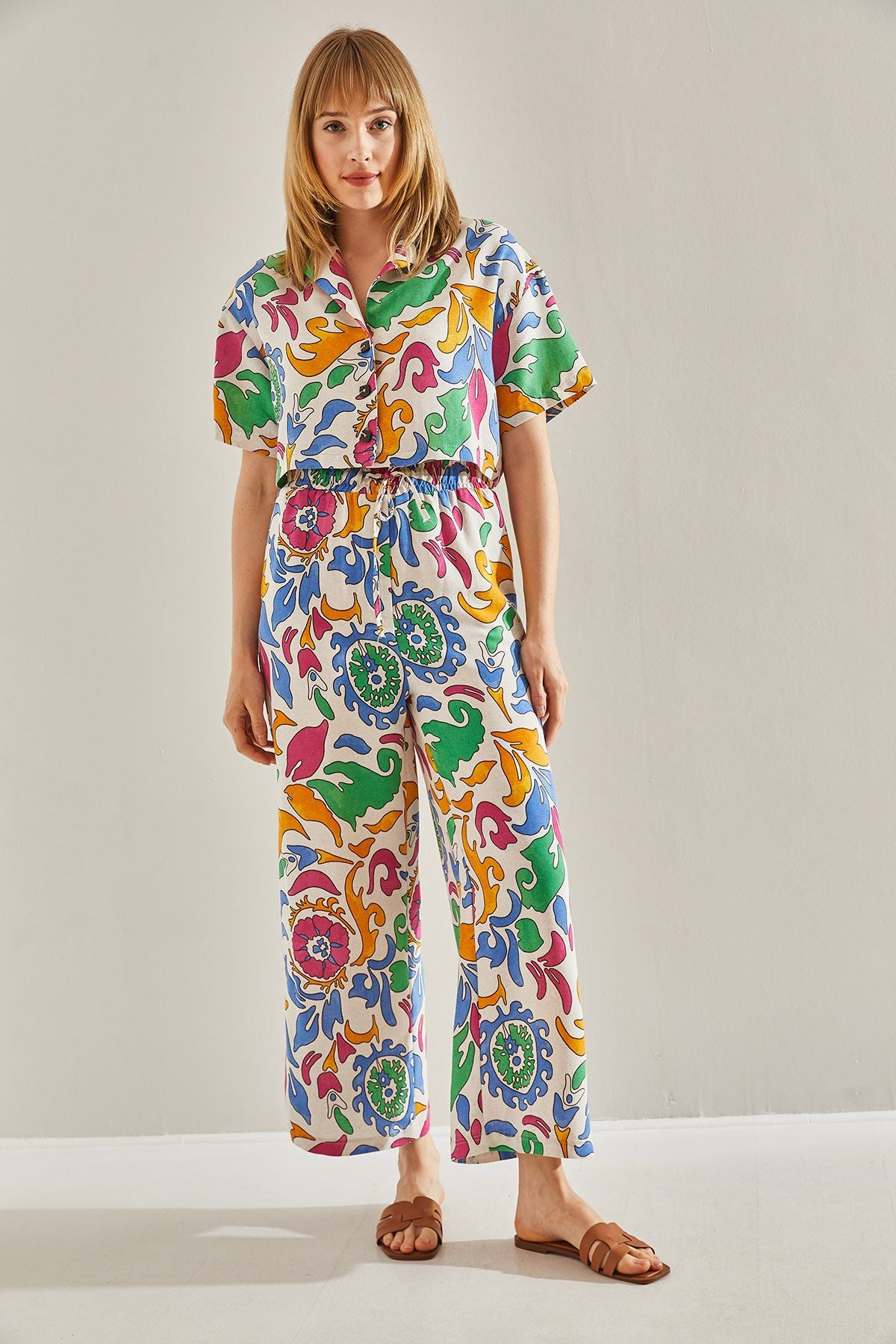 Crop Set with Palazzo Double Pants with Orange Ethnic Patterned 60251023
