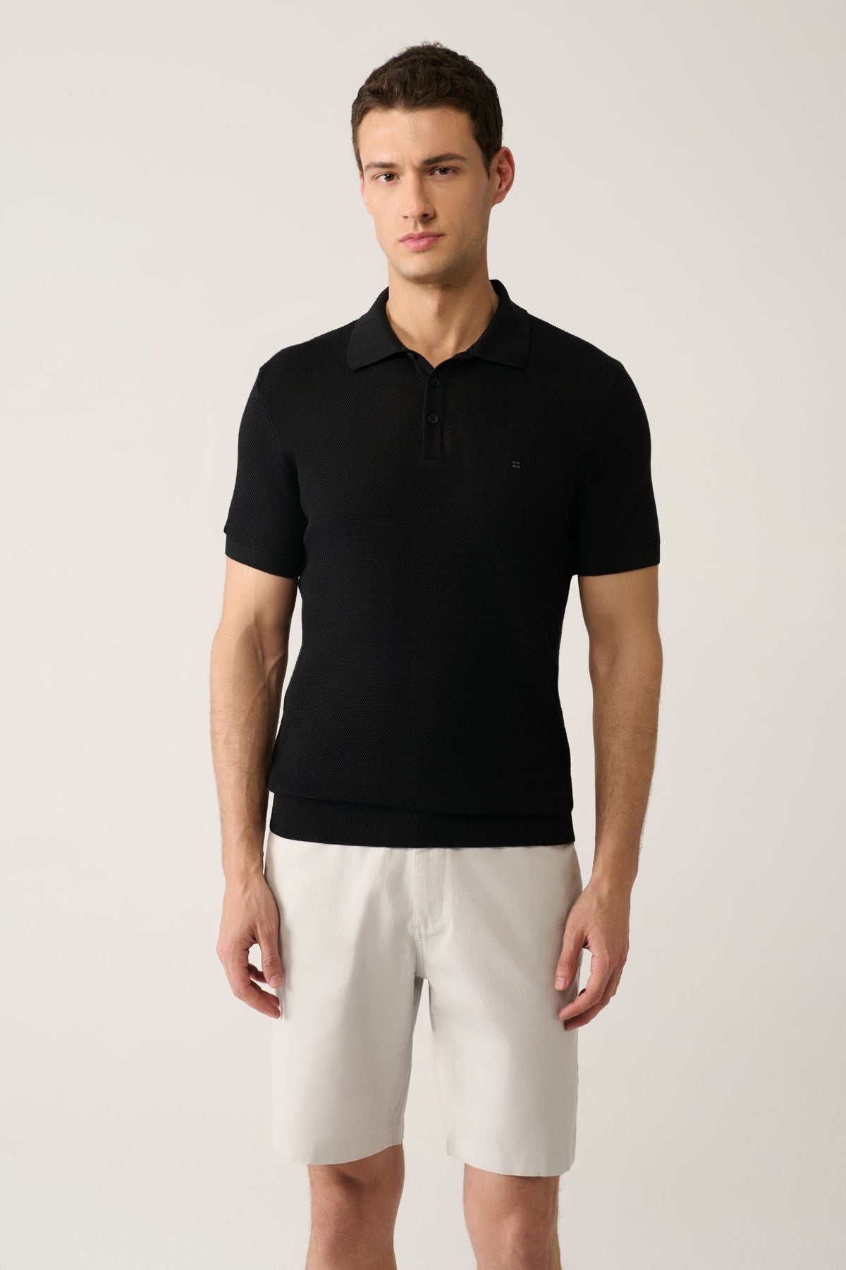 Men's black 3 button textured riban Polo Yaka Triko T-Shirt B005009