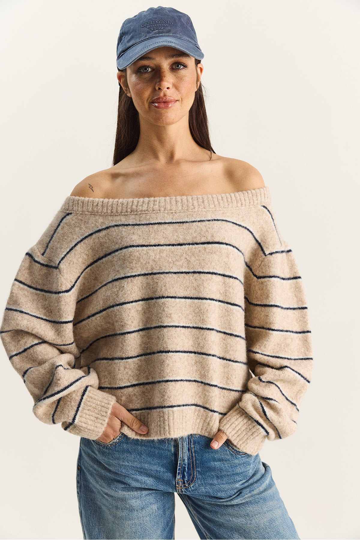 Women's Bardot Collar Striped Oversize Knitwear Sweater 2570 60283876