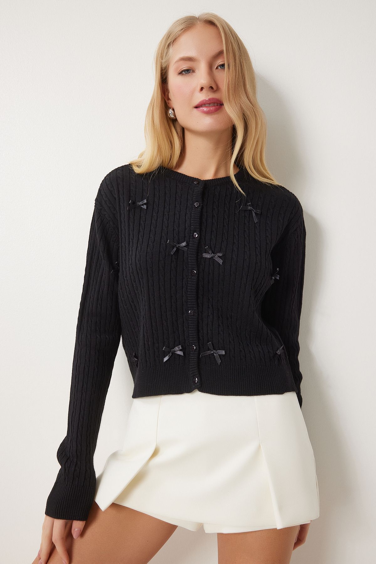 Women's black bow knit knitwear cardigan PF00102