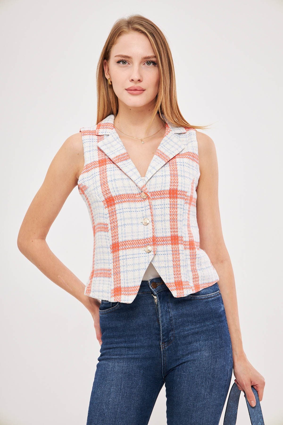 Female Orange-Blue Men's Collar Sitting on the Body Primary Vest ARM-25K001032