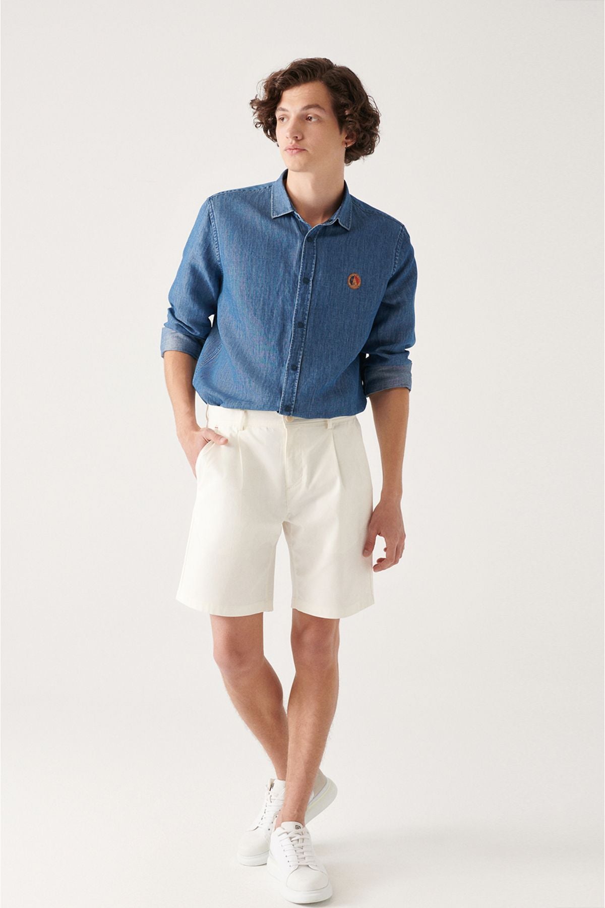 Men's Blue Cotton Snap Marine Printed Denim Shirt A31y2224