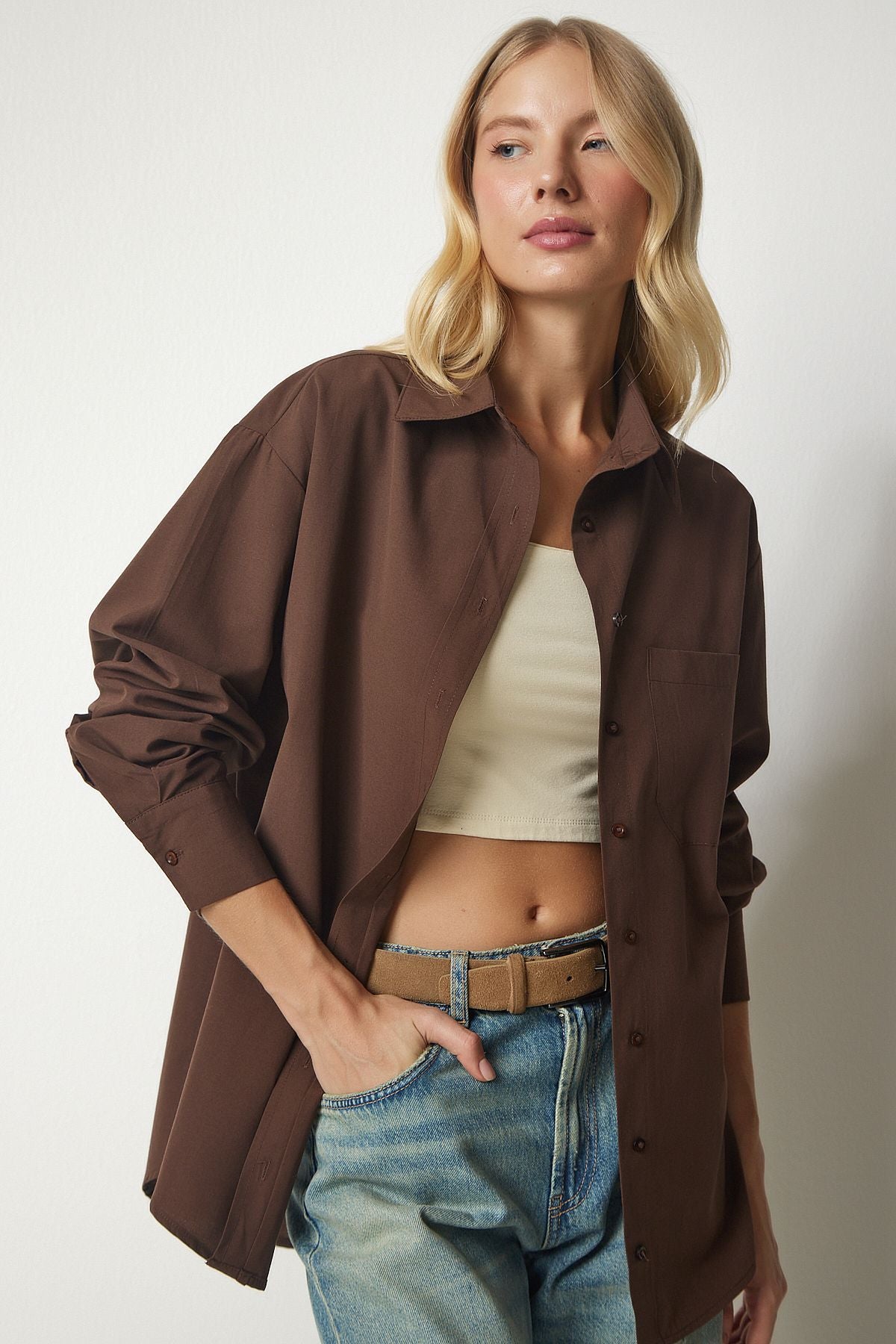 Female Brown Single Pocket Boyfriend Poplin Shirt CY00014