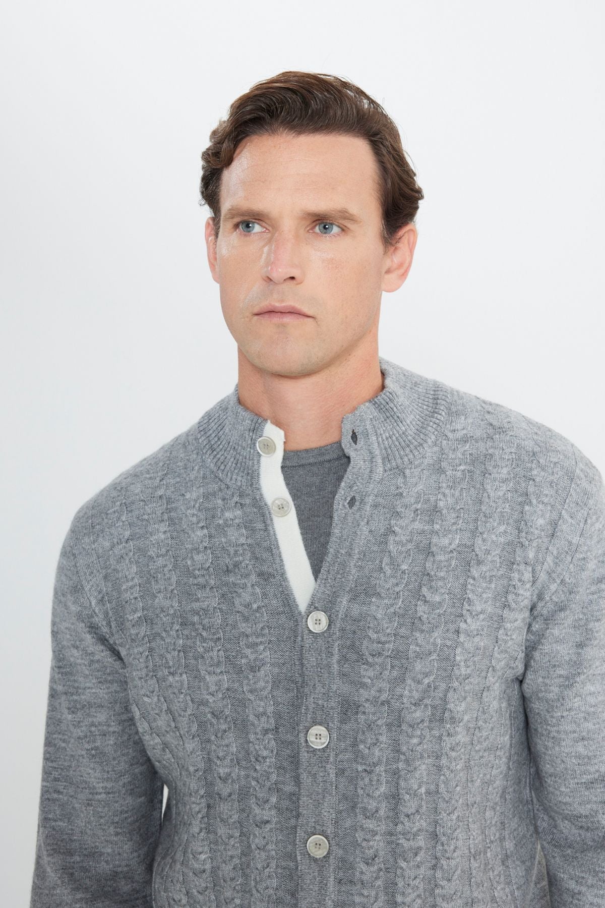 Men's Gray Standard Fit Normal Cut Bato Neck Patterned Knitwear Cardigan