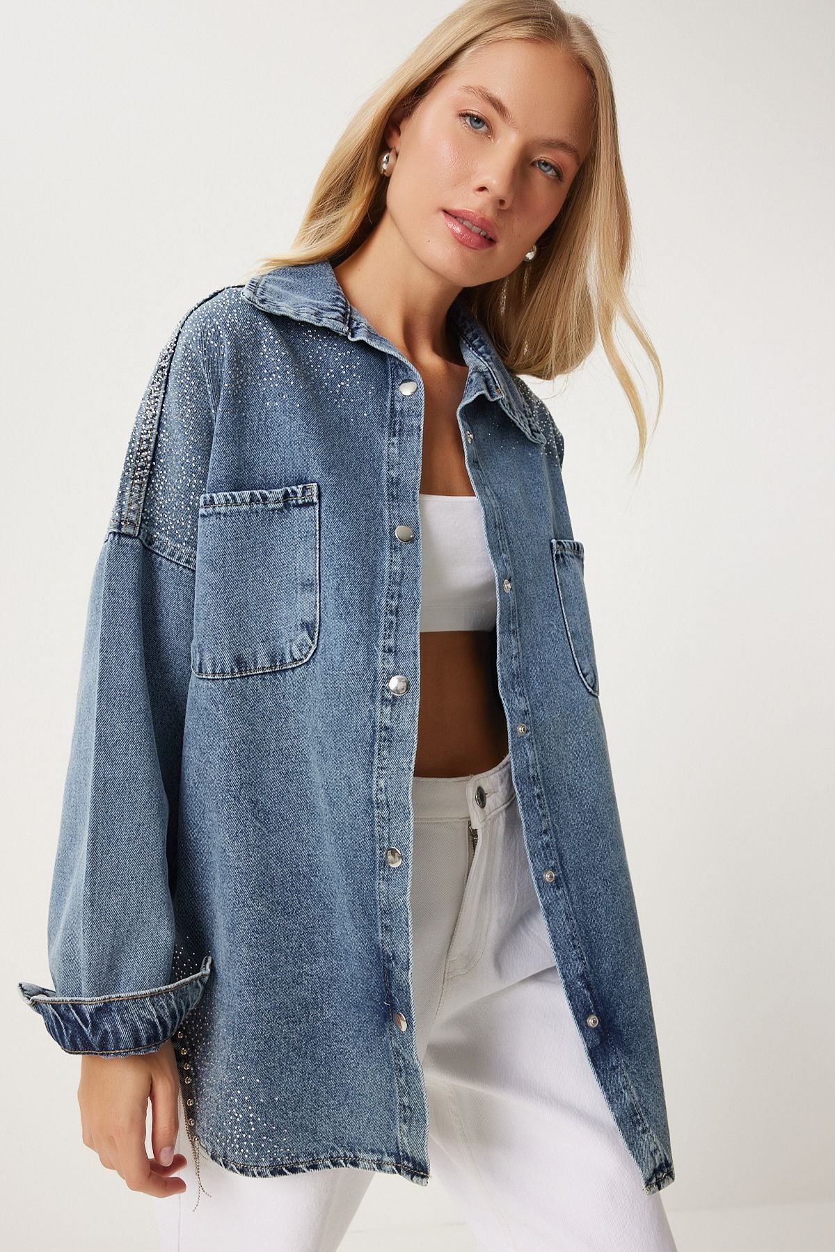 Woman Light Blue Chain Detailed Oversize denim jacket es00169