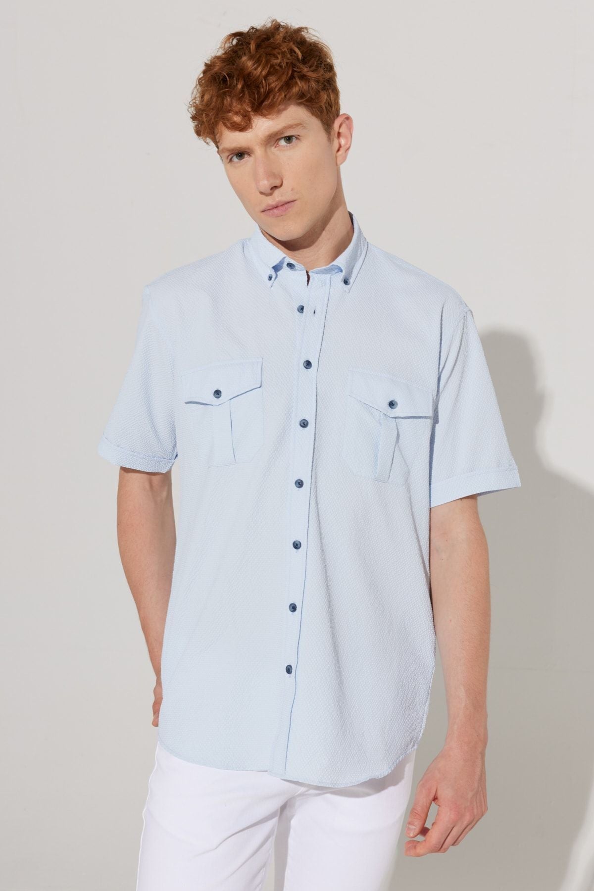 Men's Blue Comfort Fit Casual Cutton Buttoned Neck Short Sleeve Pocket Shirt