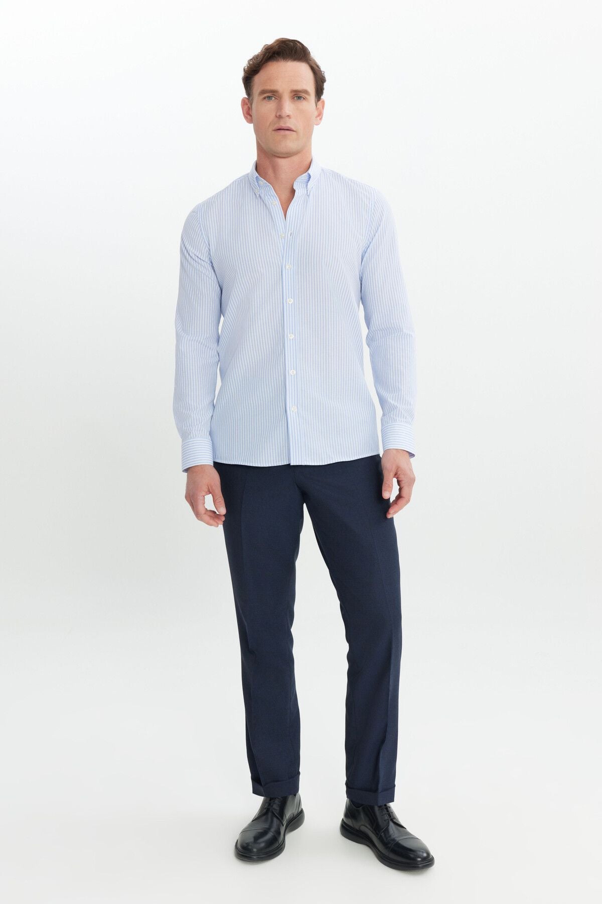 Men's white-open blue cotton slim fit narrow cut button shirt shirt with shirt striped shirt