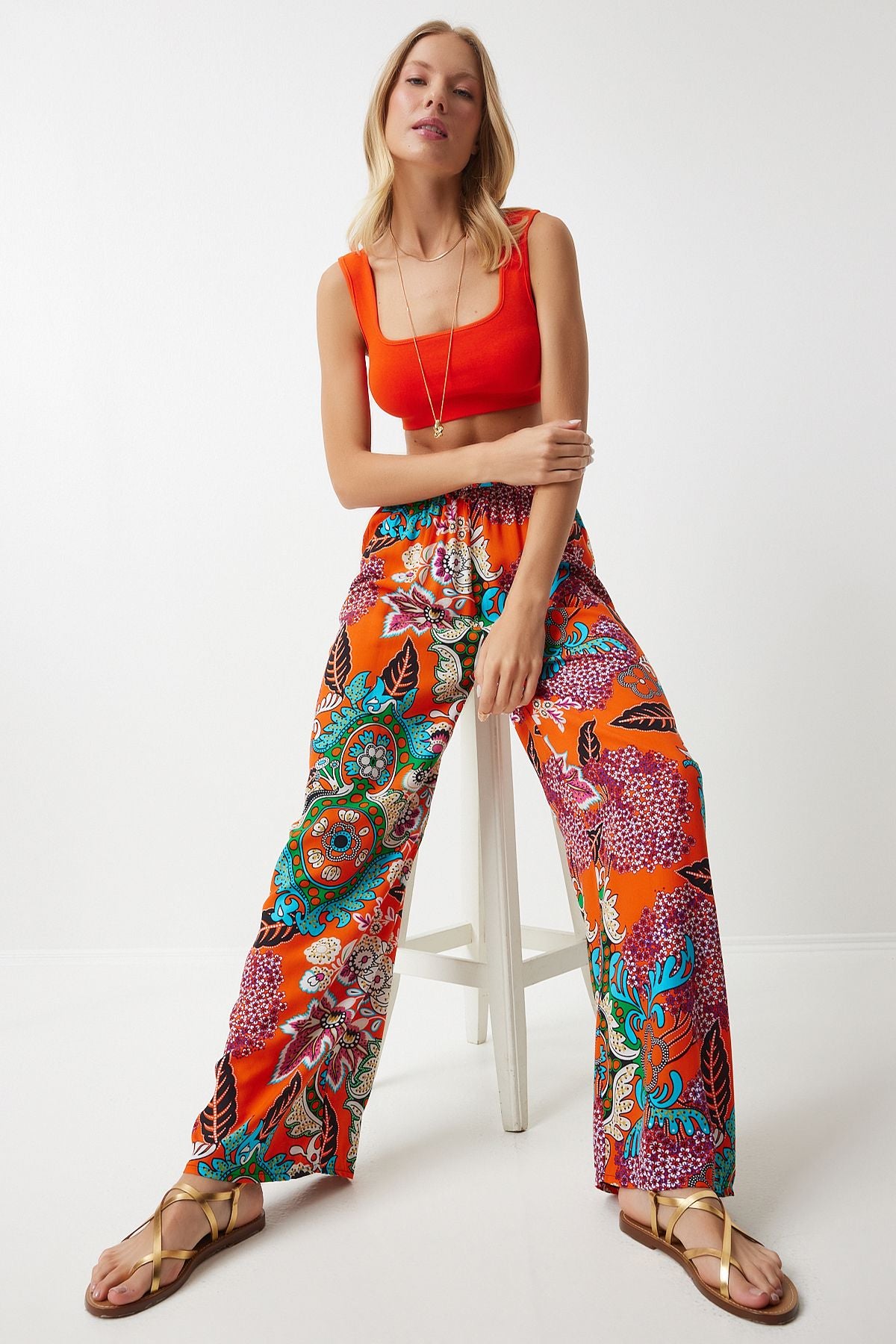 Female Oranj Turquoise Patterned Viscose Palazzo Pants EN00606