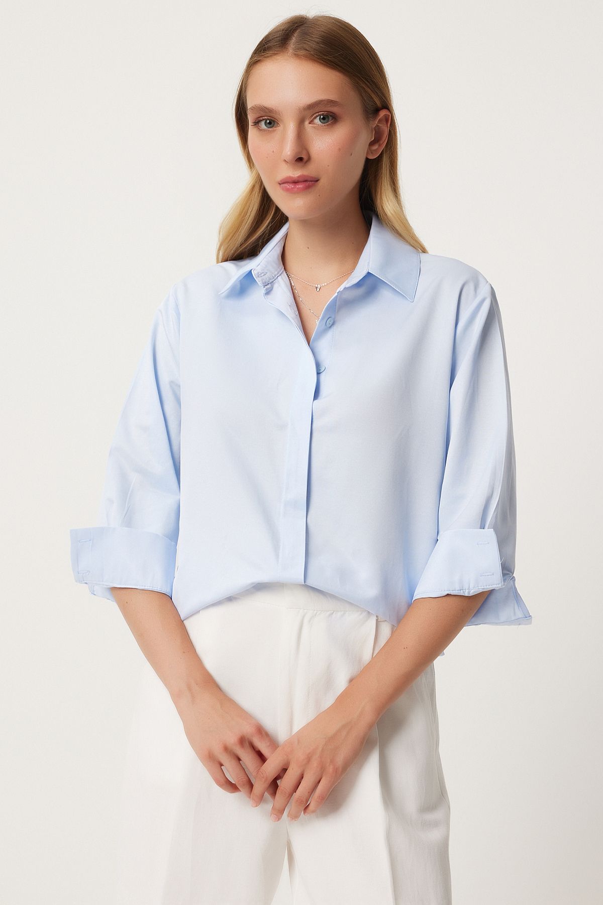 Kadın Gök Mavi Oversize Basic Gömlek  FN03260