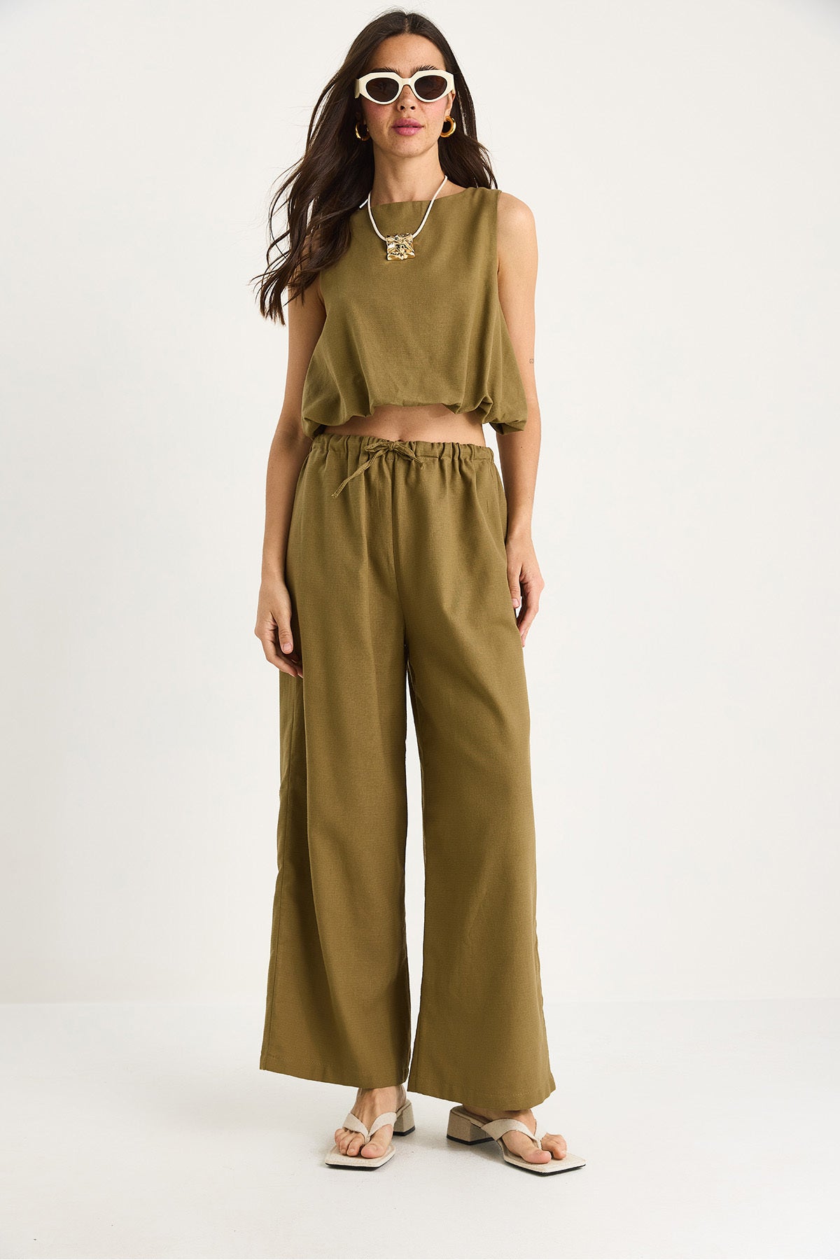 Women's Balloon Detailed Blouse with Palazzo Trousers Linen Bottom-Top Set 9367 60281072