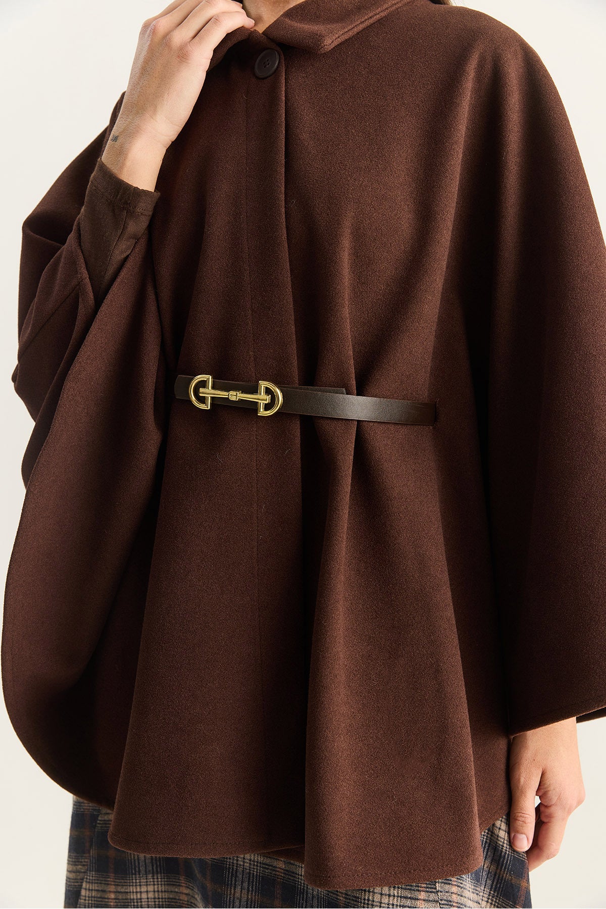 Women's Collared Single Button Detailed Belted Stash Poncho 9170 60283812