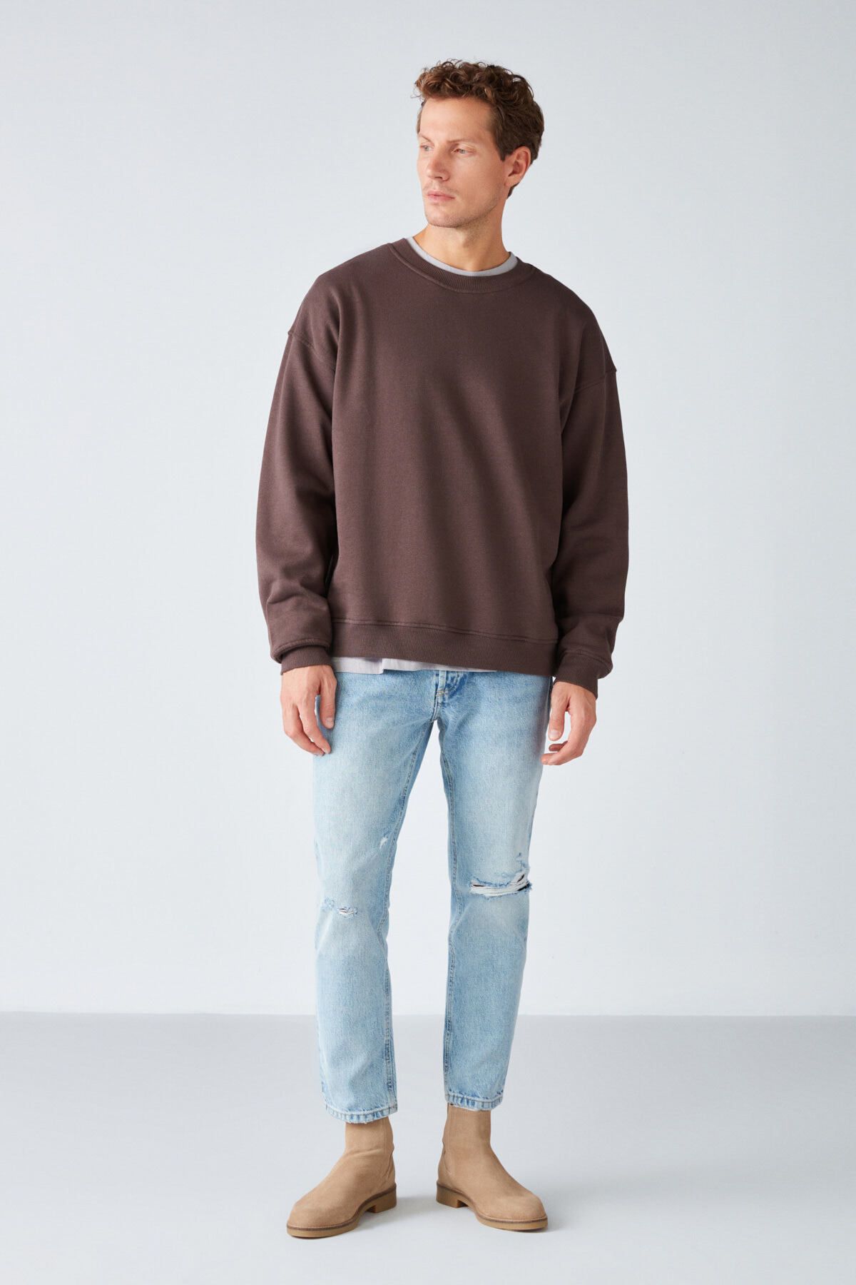 Stephan Men's Softened Fabric Oversizle Fit Round Collared Brown Sweatshirt