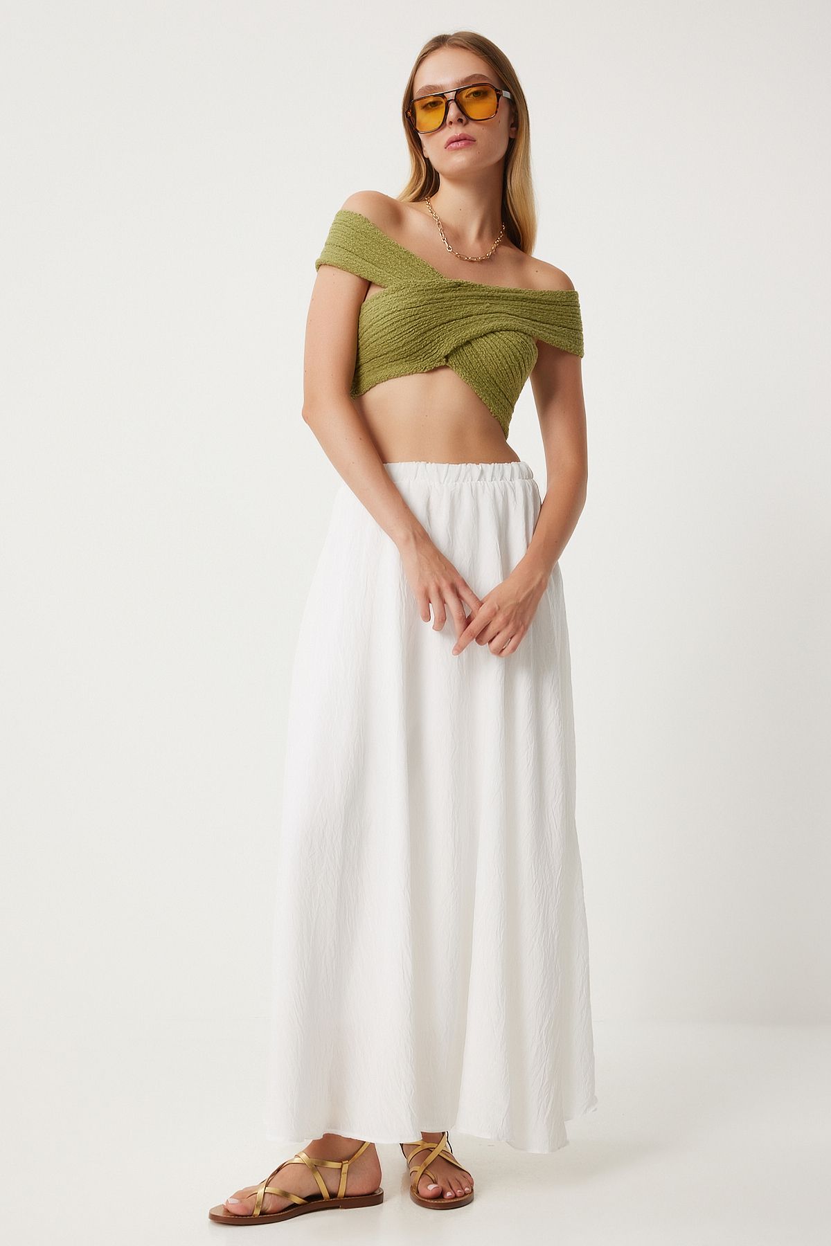 WOMEN ECRU FLY FLOCK MIXED Long Skirt DP00209