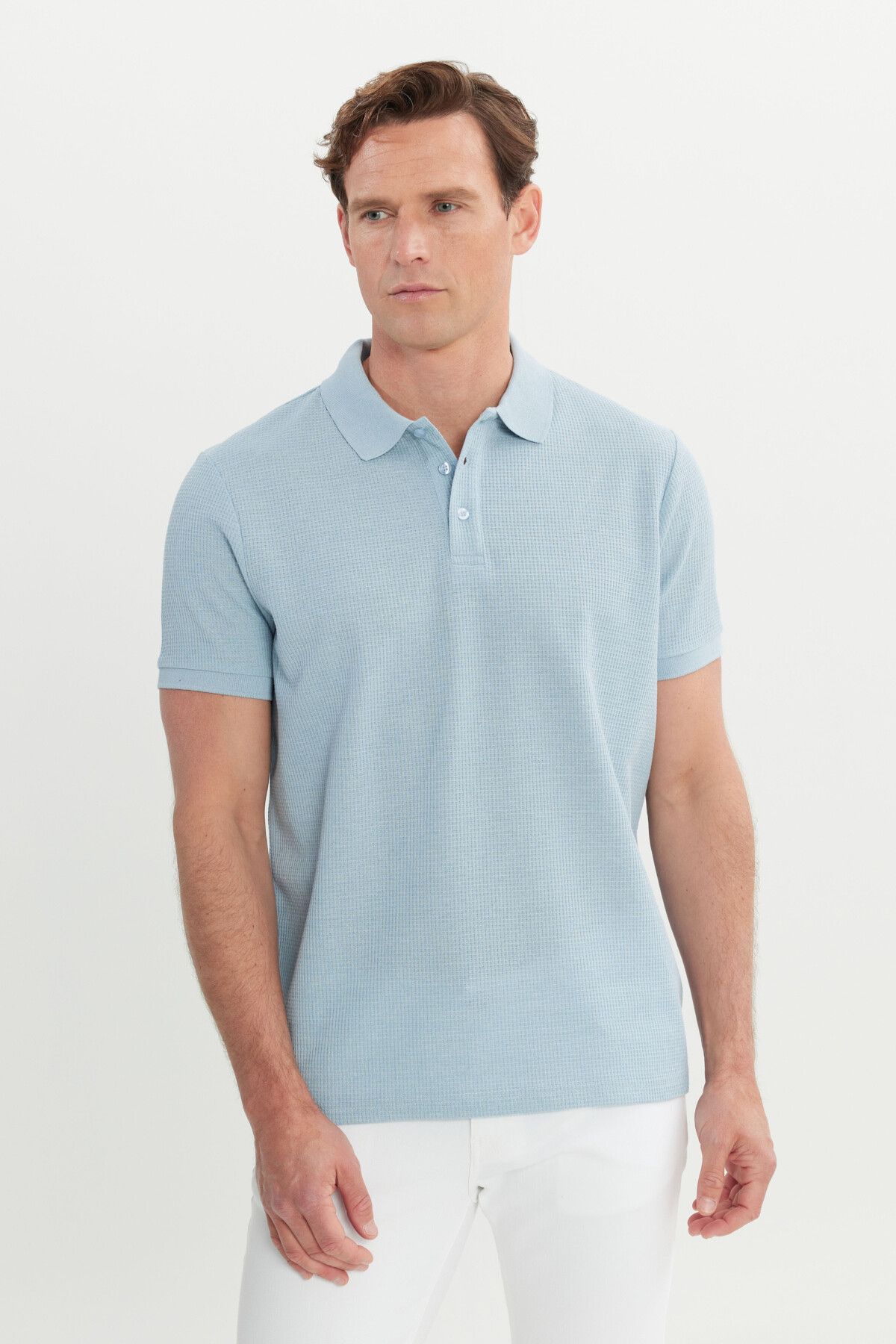Men's Light Blue Cotton Standard Fit Normal Cut Patterned Polo Yaka T -shirt