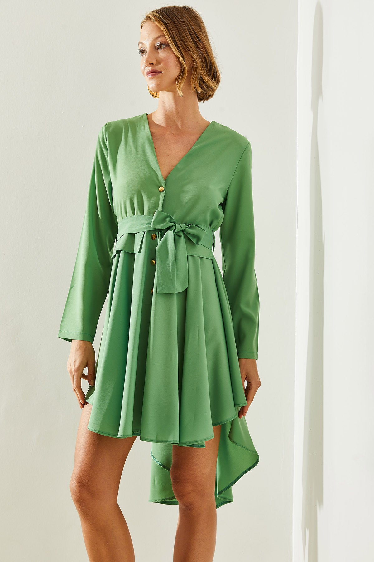 Women's Short Front Long Back V-Neck Buttoned Ornamental Pocket Detailed Belted Dress 22106 60251499