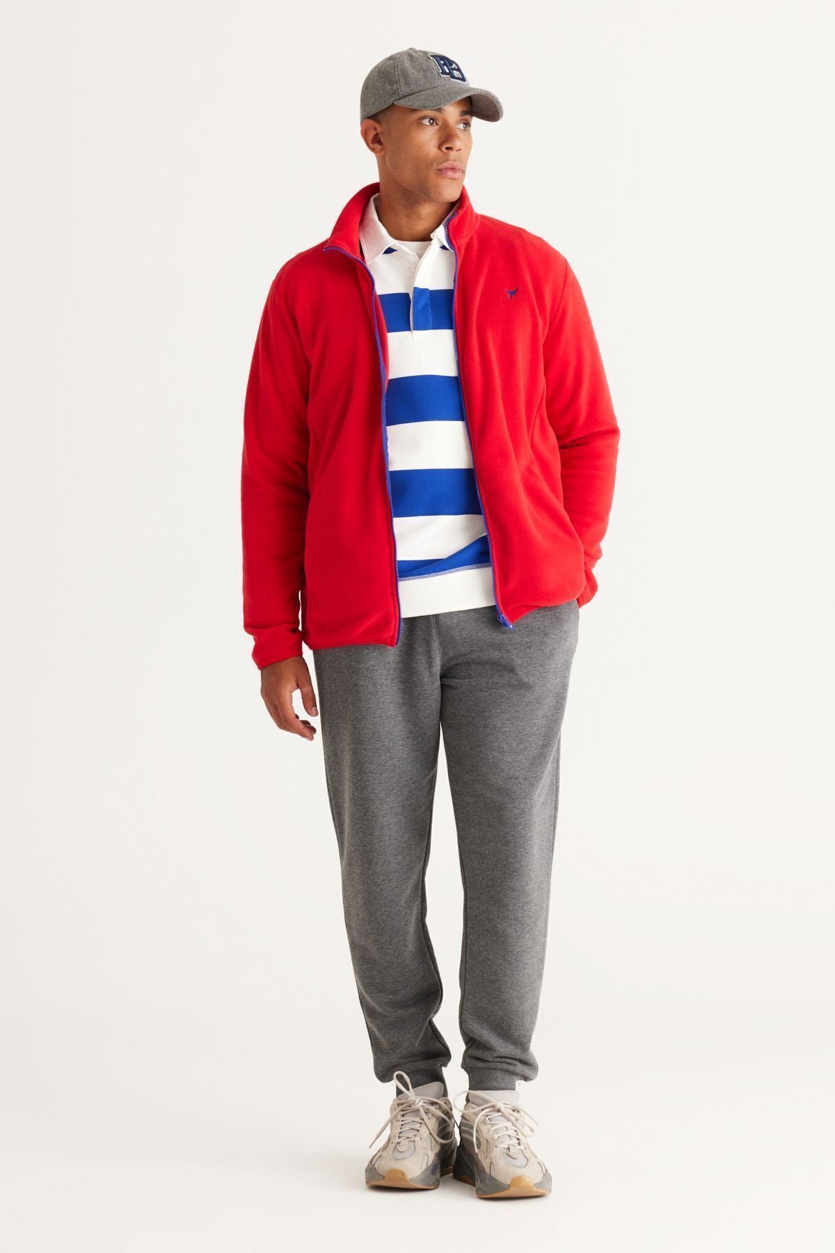 Men's Red Standard Fit Normal Cutting Cold -Performing Roring Neckline Polar Sweatshirt Jacket