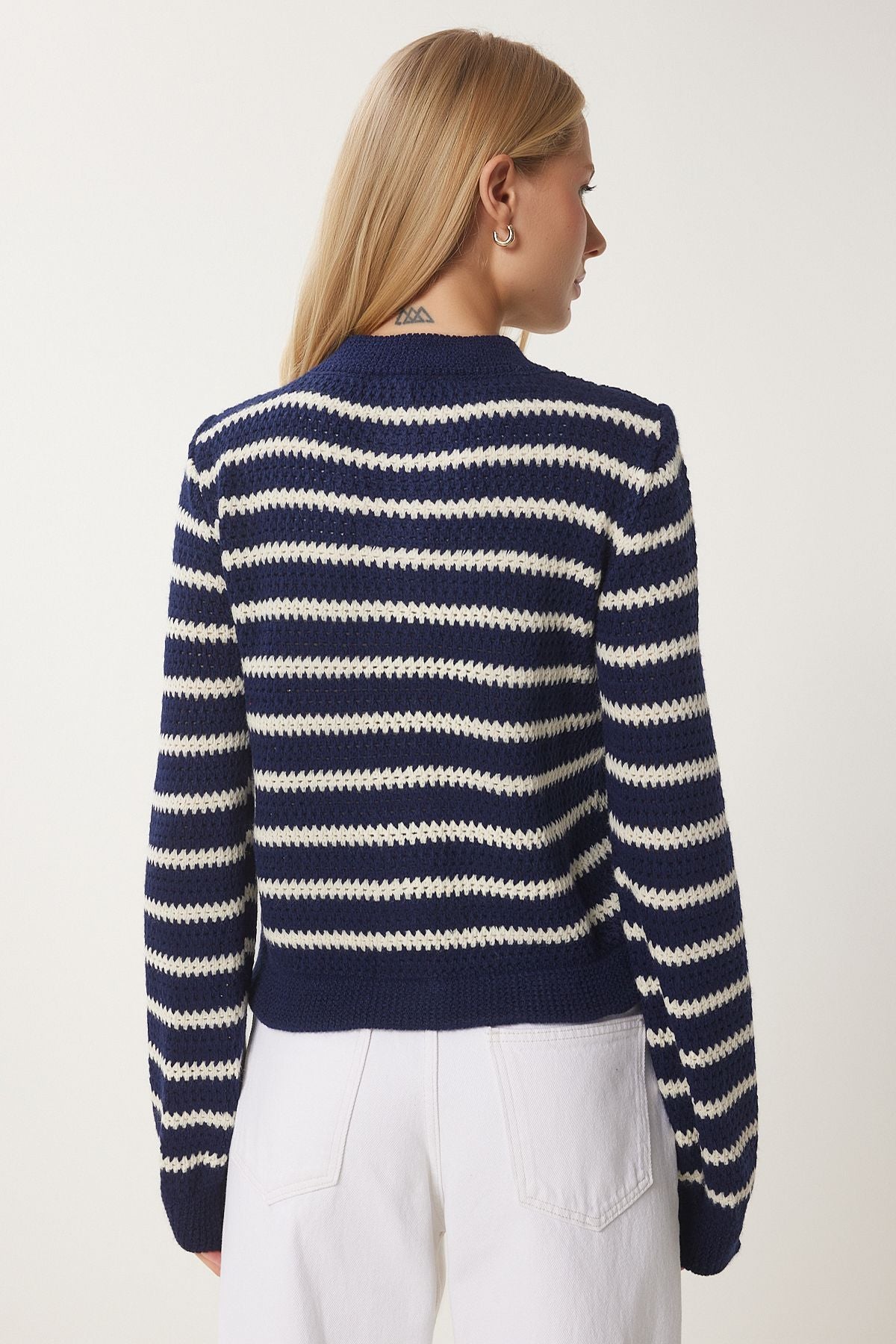 Woman Navy blue striped button thick orlon cardigan Hi00002