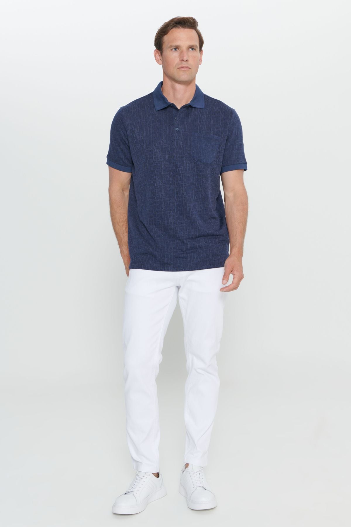 Men's Navy Blue Comfort Fit Casual Cut Polo Yaka Jacquar