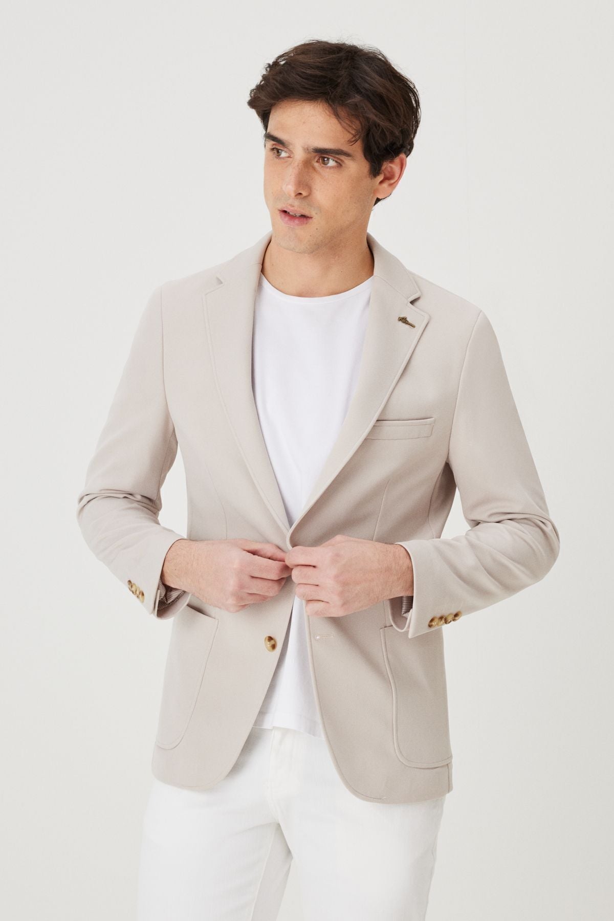 Men's Beige Slim Fit Narrow Cut Mono Yaka Casual Blazer Jacket