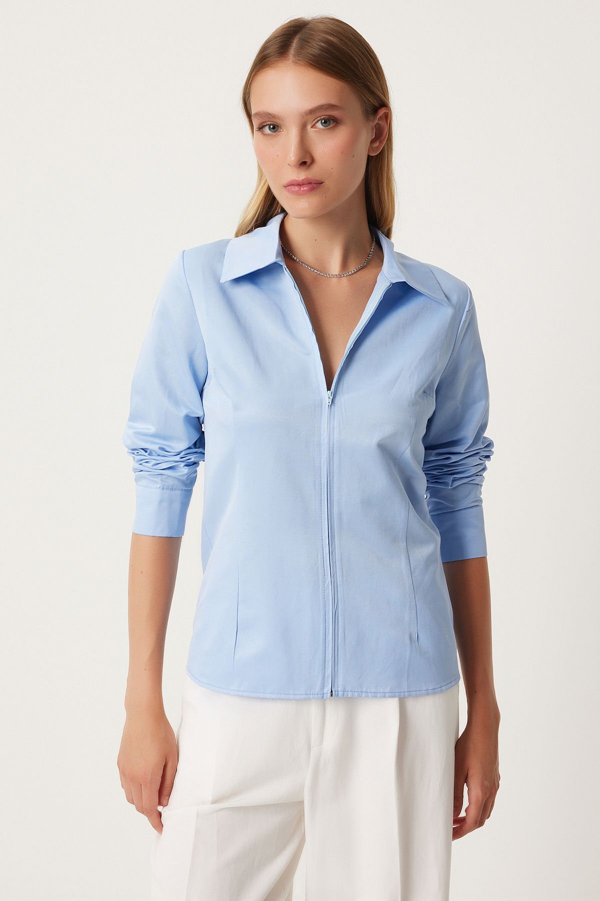 Female Sky Blue Zippered Comfortable Shirt FN03242