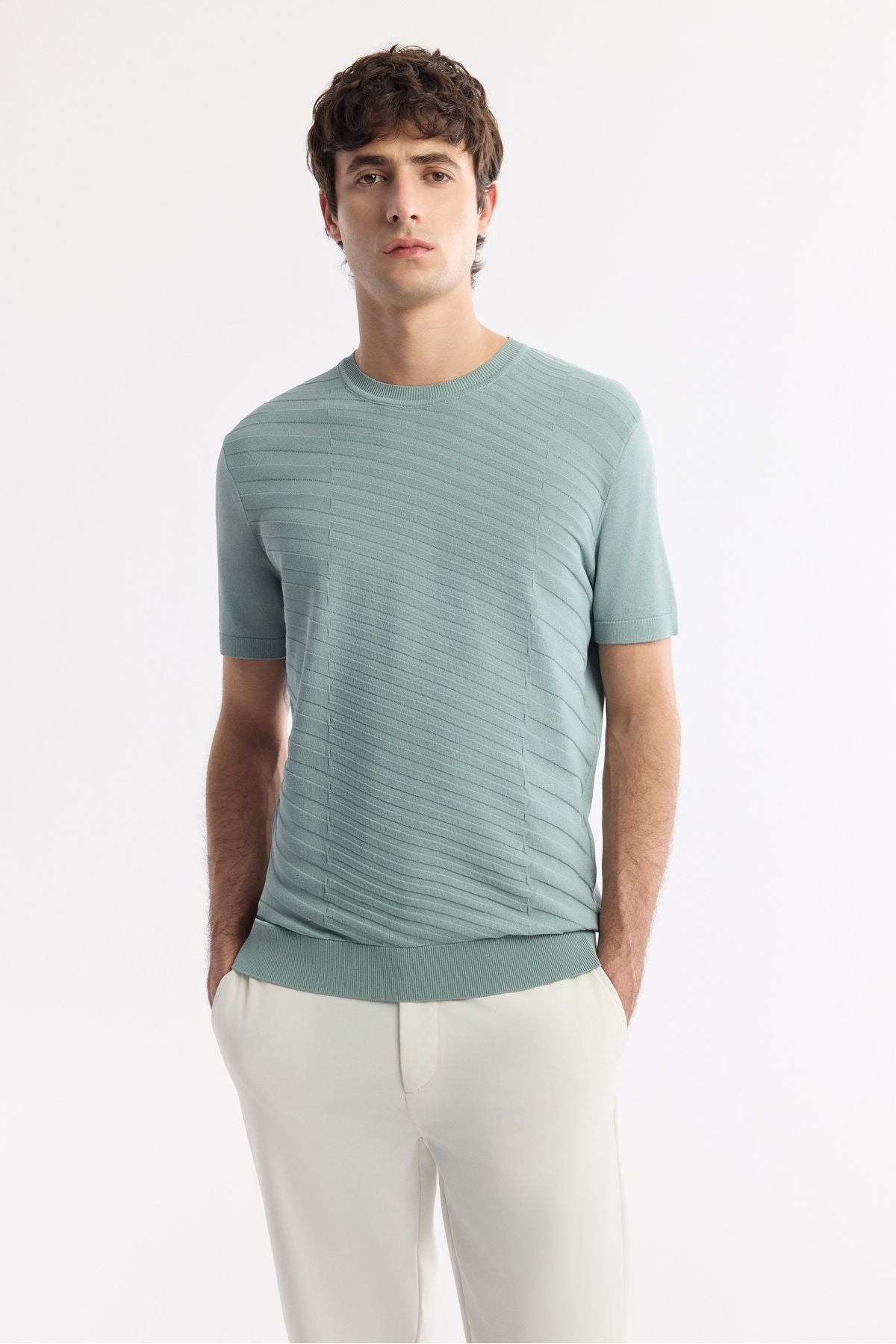 Men's Nile Green Bicycle Neckline Jacquar Detail Rayon Triko T-shirt A51y5004
