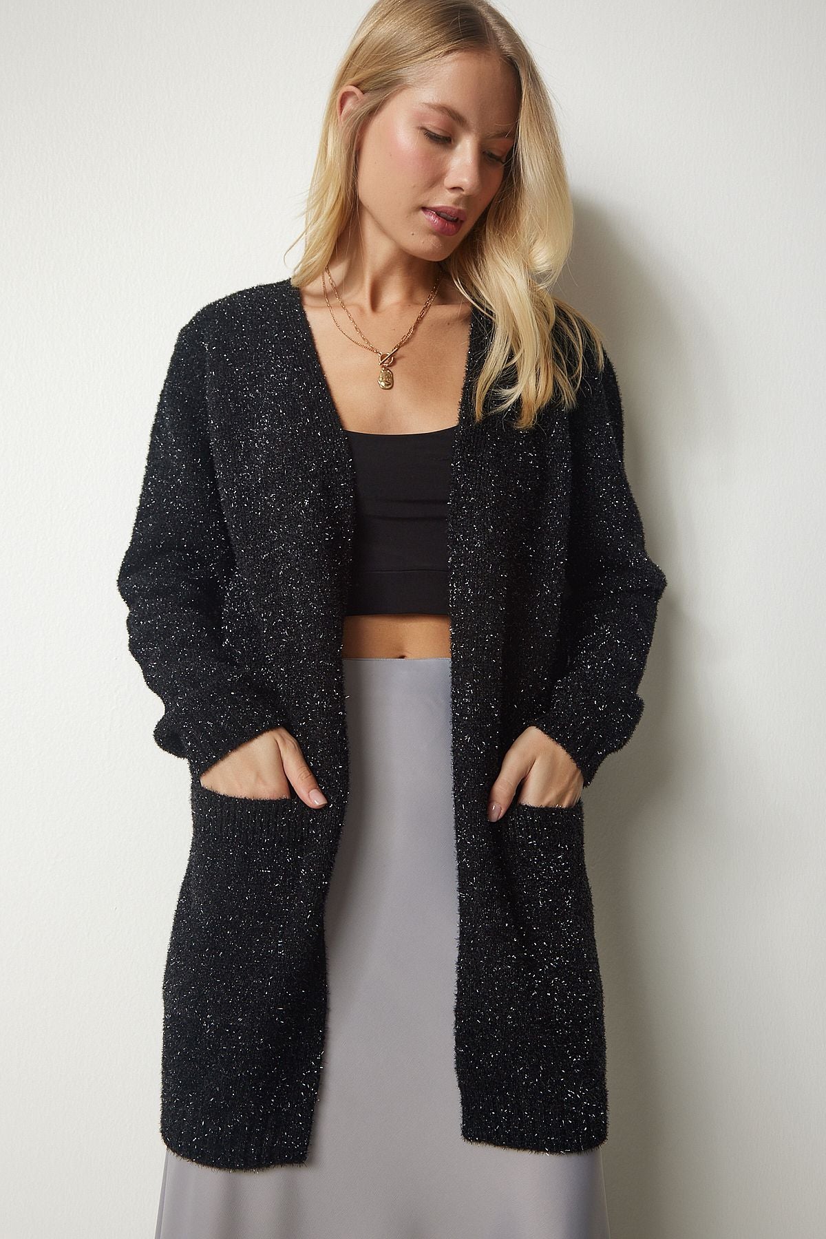 Female black beard silvery knitwear cardigan mx00137