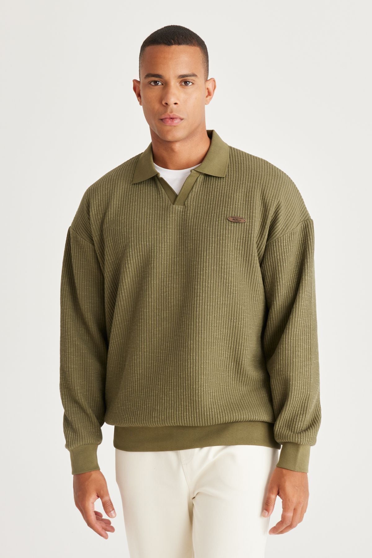 Men's Khaki Loose Fit Içi Polar 3 IP Polo Yaka Jacquard Sweatshirt