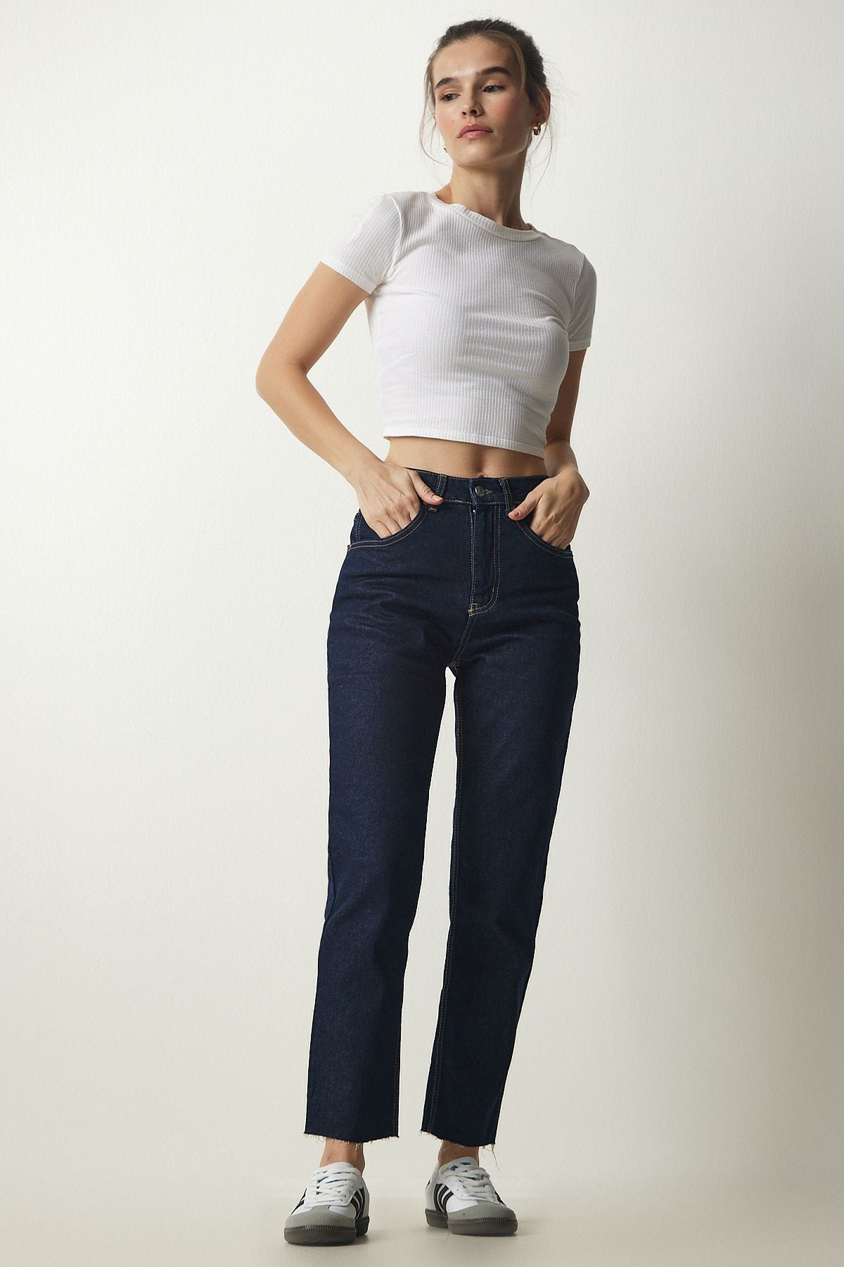 Woman Navy blue high waist denim pants CB00015