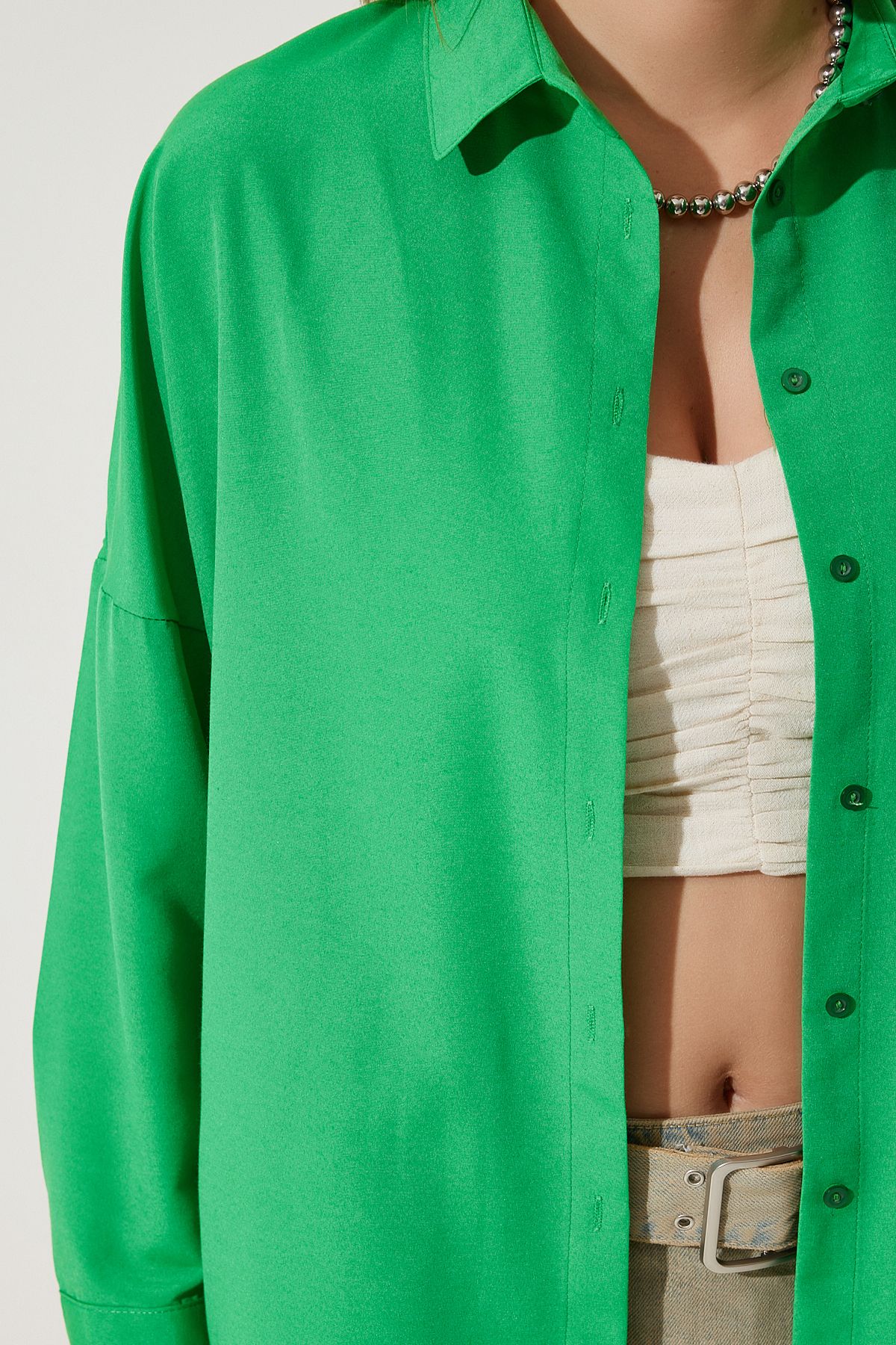 Kadın Koyu Yeşil Oversize Uzun Basic Gömlek  DD00842