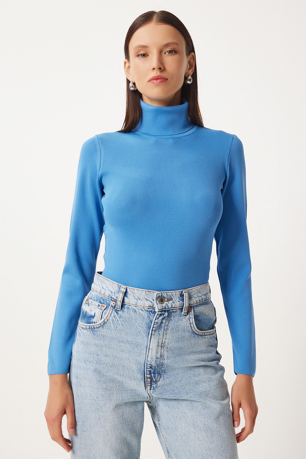 Woman Blue Fisherman's Licra Knitting Sweater FN03344