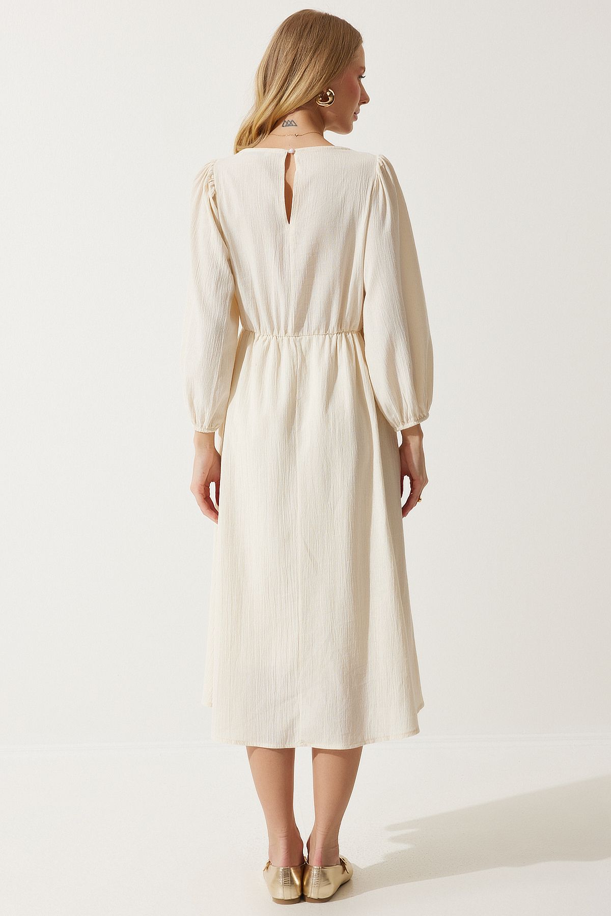 Women's cream guipure detailed summer linen dress BP00152