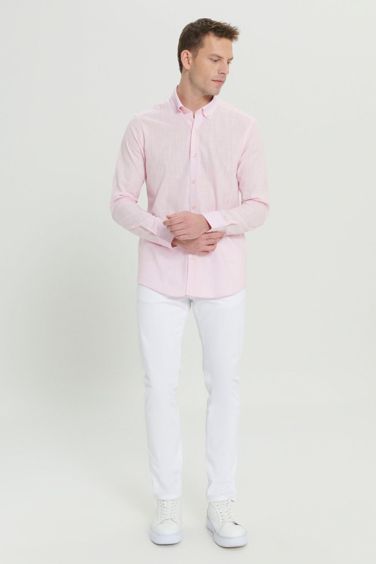 Male Pink 100 %Cotton Oxford Slim Fit button with collar pennant shirt