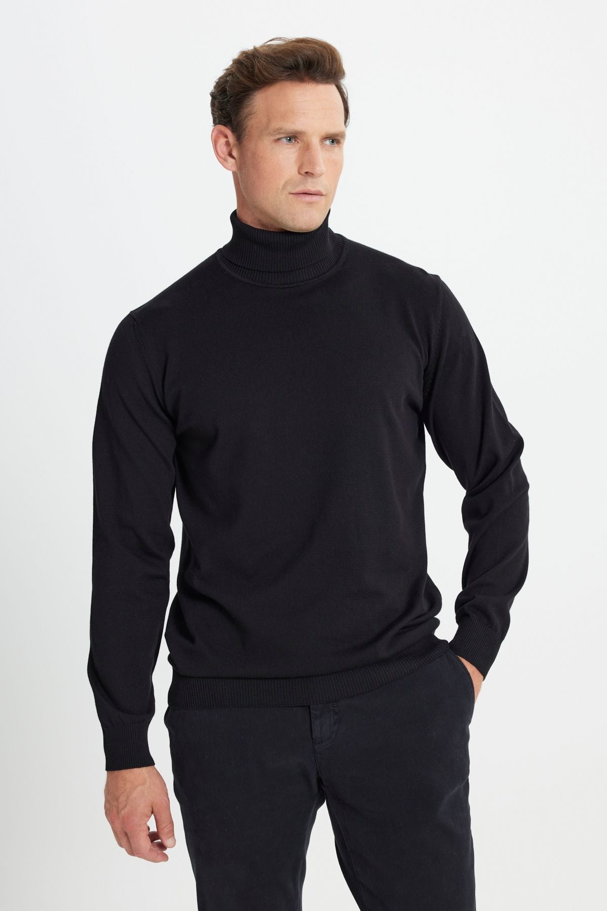 Men's black cotton standard fit fit normal cut full fisherman collar basic knitwear sweater