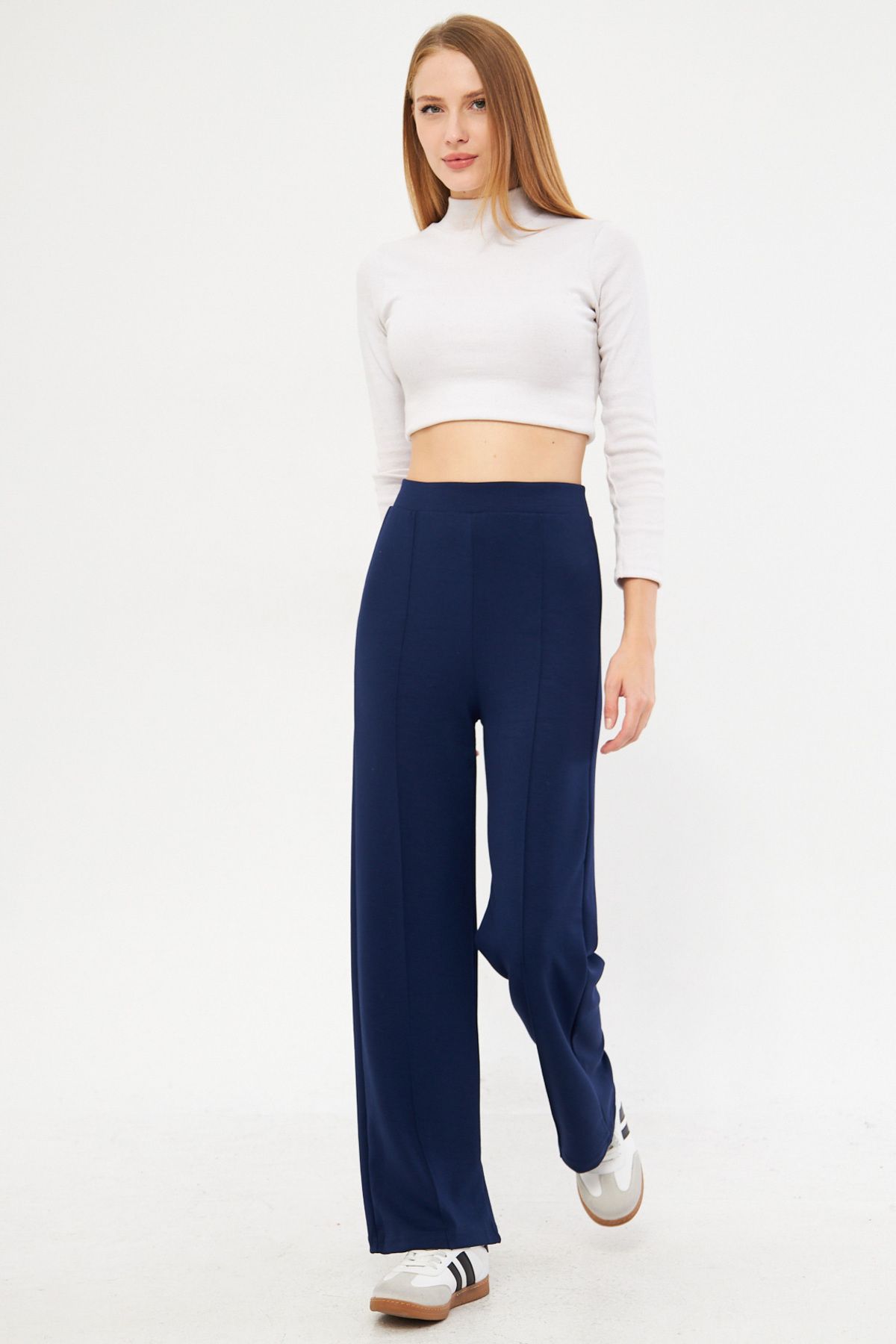 Woman Navy blue waist tire front stitched pants Arm-25k024003