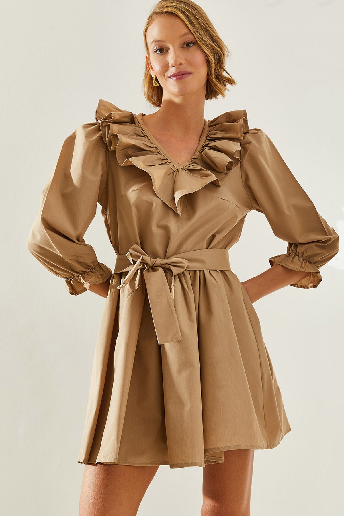 Women's V-Neck Sleeve and Collar Detailed Mini Dress 21228 60251664