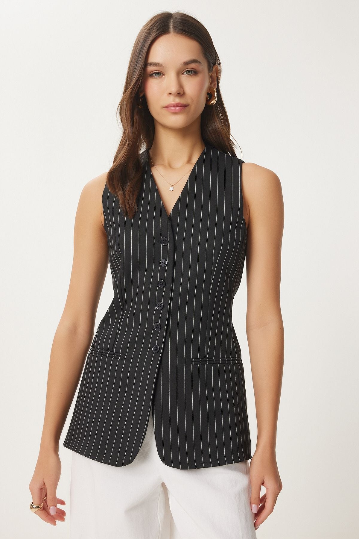 Woman Black Fleto pocket detailed striped weaving vest to00156
