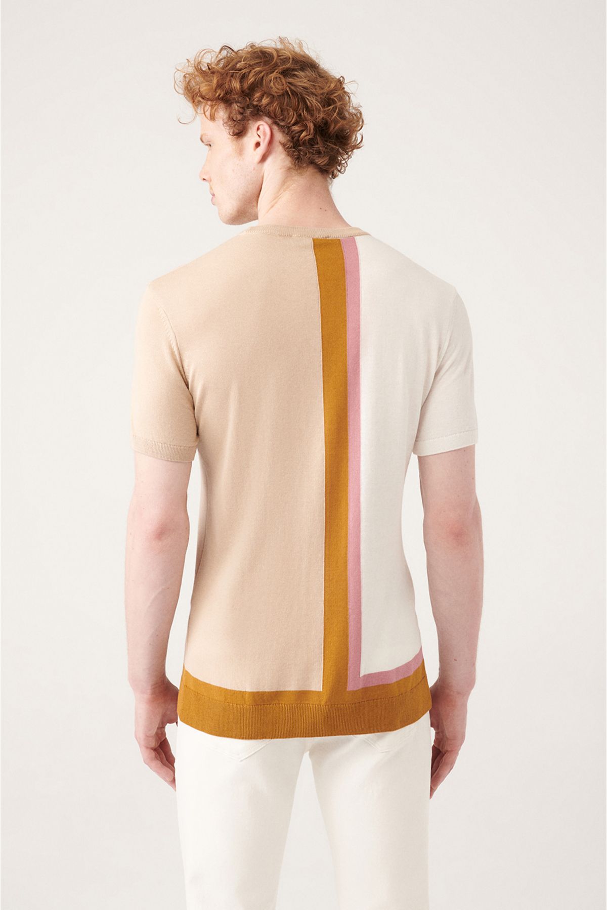 Men's Beige Bike Collar Color Bloc Triko T-Shirt A31y5019