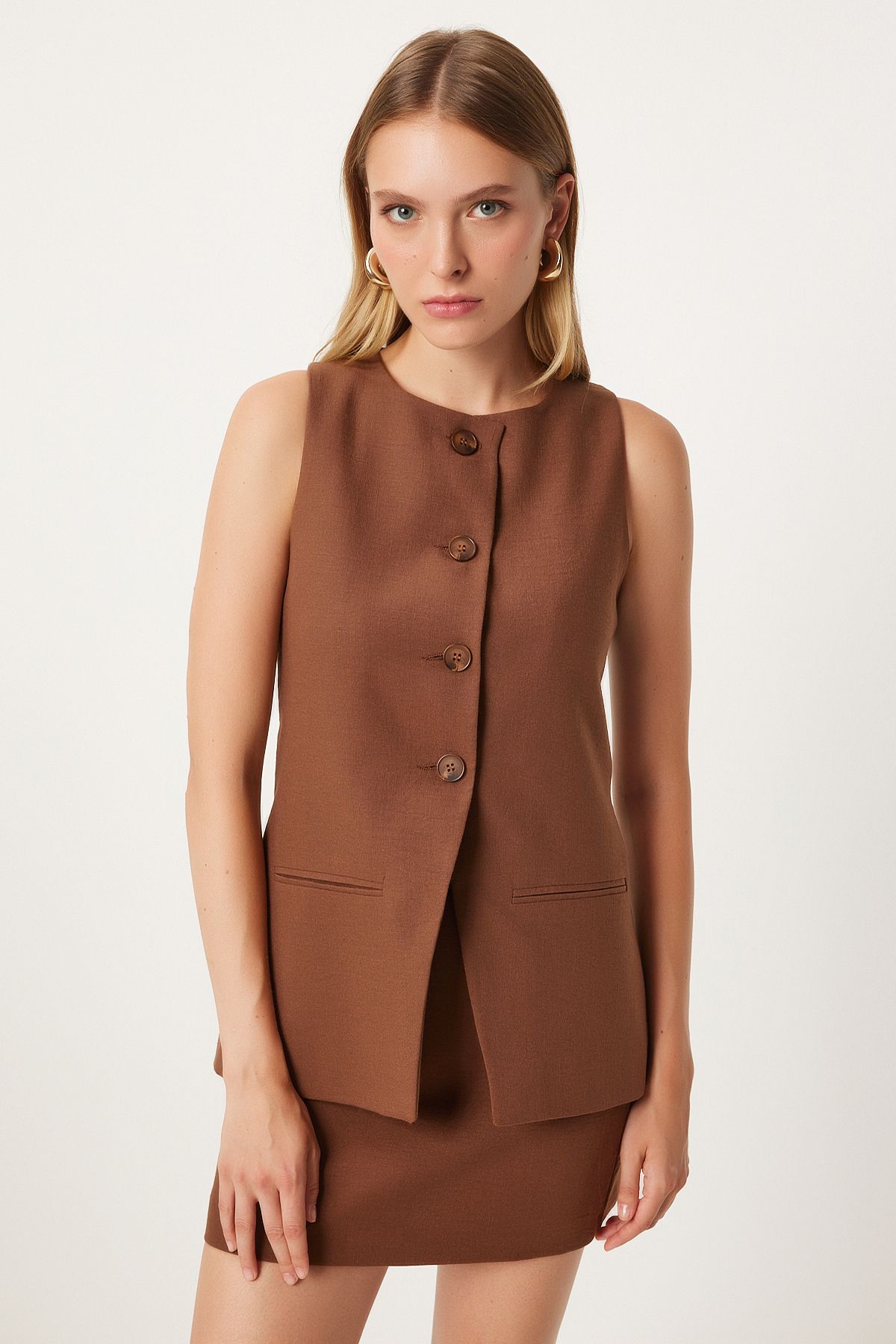 Women's Brown Fleto Pocket Detailed Long Weaving Vest FN03239