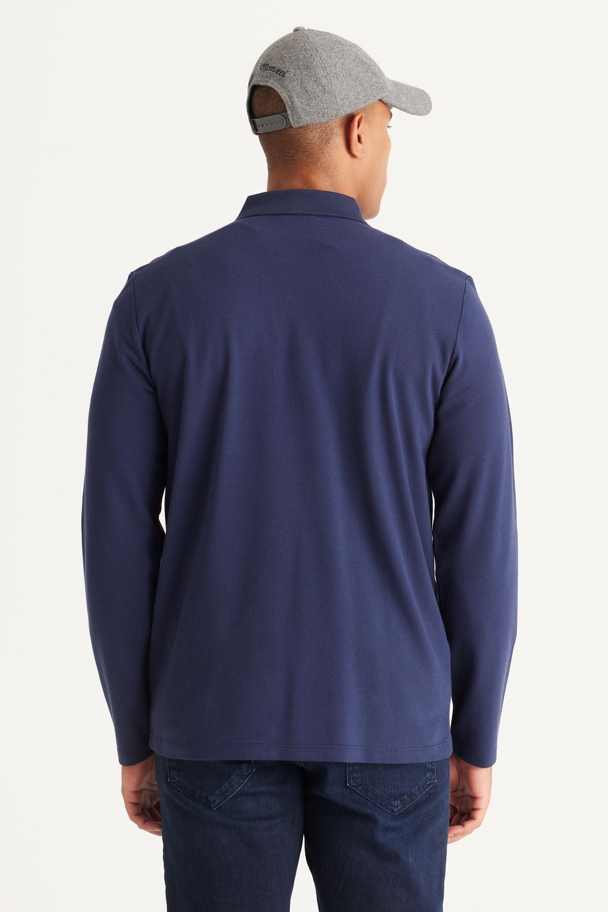 Men's Navy Blue Standard Fit Normal Cutting 3 IP FLOARD 100 %Cotton Polo Yaka Sweatshirt